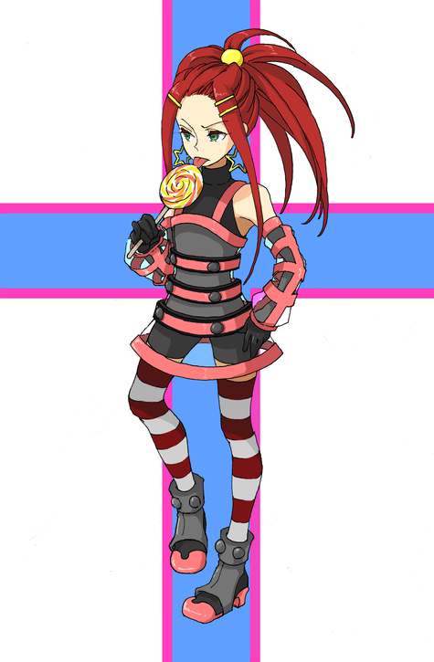 kinkan, original, bad id, bad pixiv id, bike shorts, candy, detached sleeves, earrings, food, gloves, green eyes, jewelry, lollipop, ponytail, red hair, see-through clothes, solo, striped clothes, striped thighhighs, swirl lollipop, thighhighs, tongue