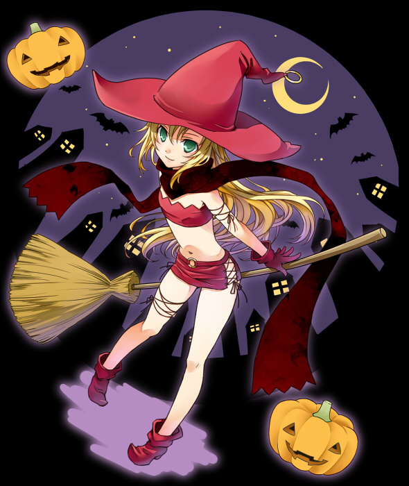 umetani chigusa, bat (animal), blonde hair, broom, flat chest, green eyes, hat, jack-o'-lantern, long hair, midriff, miniskirt, pumpkin, scarf, skirt, solo, witch, witch hat