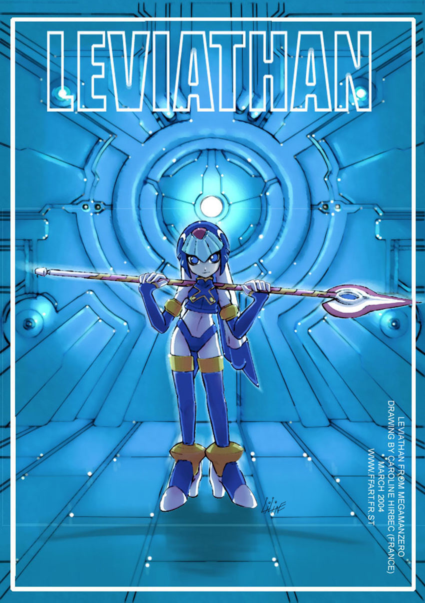 caroline hirbec, fairy leviathan (mega man), capcom, mega man (series), mega man zero (series), highres, 1girl, blue eyes, boots, female focus, helmet, parody, polearm, solo, spear, thighhighs, weapon