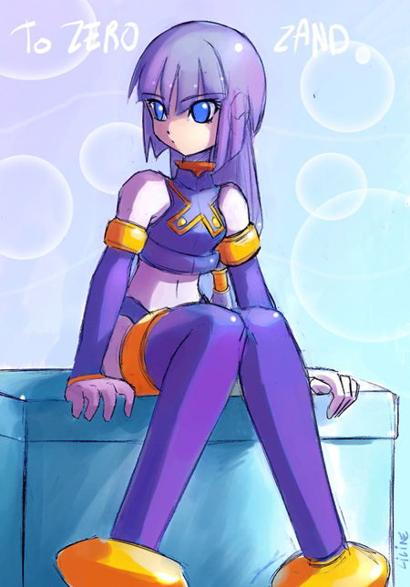 caroline hirbec, fairy leviathan (mega man), capcom, mega man (series), mega man zero (series), 1girl, blue eyes, blue hair, female focus, helmet, long hair, matching hair/eyes, solo, thighhighs, unworn headwear, unworn helmet