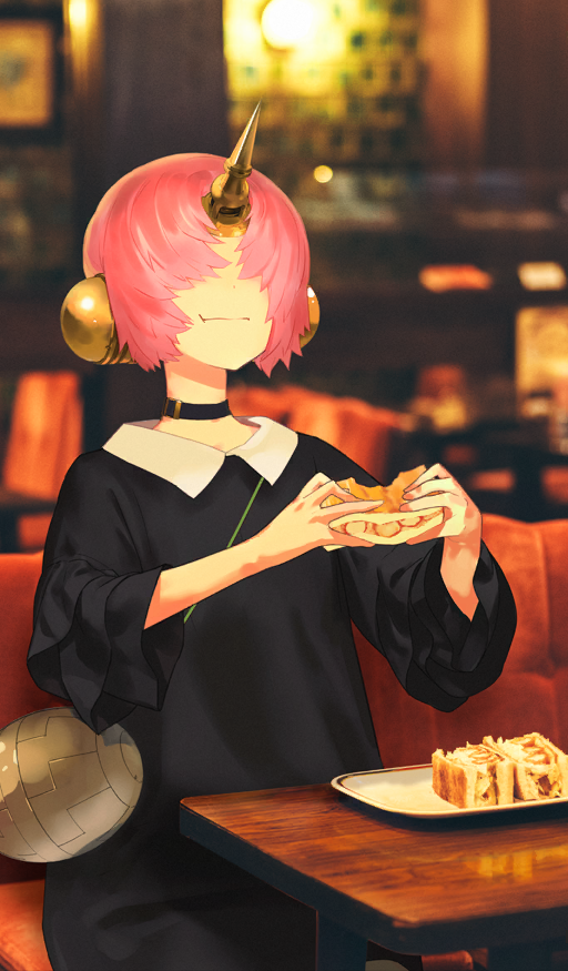 okazaki takeshi, frankenstein's monster (fate), fate/grand order, fate (series), commentary request, food request, game cg, official art, third-party source, 1girl, black choker, black dress, blurry, blurry background, choker, closed mouth, contrast collar, covered eyes, dress, eating, food, hair over eyes, holding, holding food, horns, indoors, official alternate costume, photo background, pink hair, plate, short hair, single horn, sitting, solo, three-quarter sleeves, wing collar
