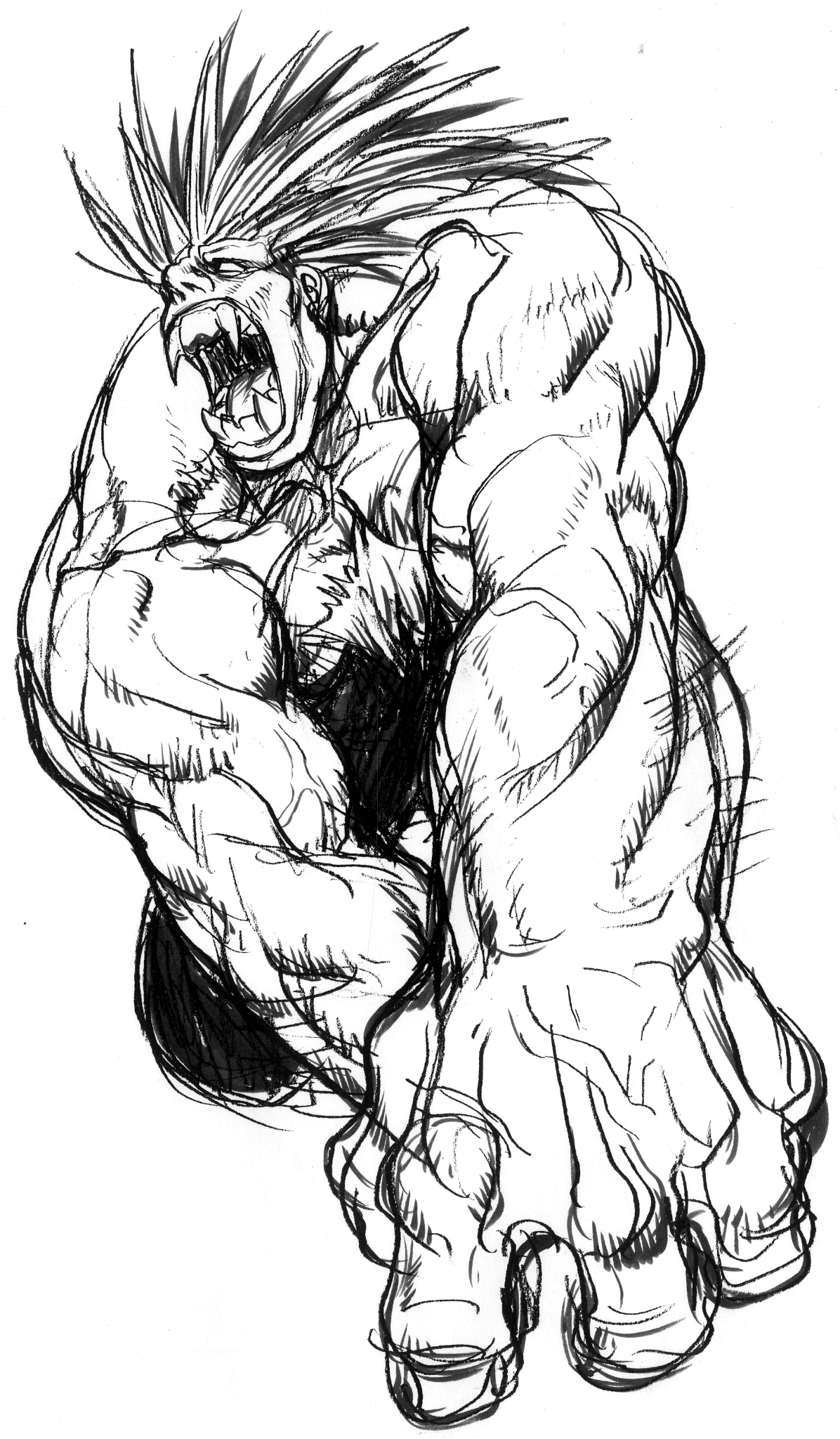 nishimura kinu, blanka, street fighter, street fighter ii (series), game cg, highres, non-web source, official art, 1boy, chest hair, fangs, from below, full body, male focus, monochrome, muscular, no pupils, open mouth, sharp teeth, simple background, solo, spiked hair, teeth, topless male, veins, veiny arms, white background