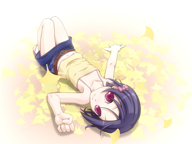caryo, takeda yukimura, kaminogi haruka, noein, 00s, 1girl, blue hair, camisole, female focus, leaf, lying, navel, red eyes, short hair, solo