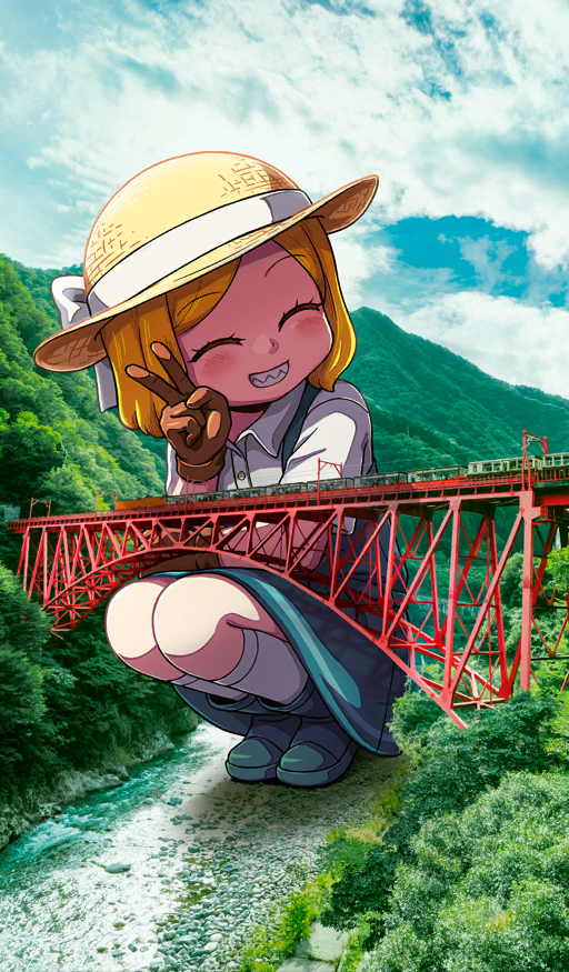 riyo (lyomsnpmp), paul bunyan (fate), fate/grand order, fate (series), commentary request, game cg, official art, third-party source, 1girl, :d, blonde hair, blush, bob cut, boots, bridge, brown gloves, buttons, closed eyes, cloud, day, dress, full body, giant, giantess, gloves, green boots, green dress, grin, hat, open mouth, outdoors, photo background, pinafore dress, sharp teeth, shirt, short dress, short hair, short sleeves, sleeveless, sleeveless dress, smile, socks, solo, squatting, sun hat, teeth, train, v, white shirt, white socks, wing collar