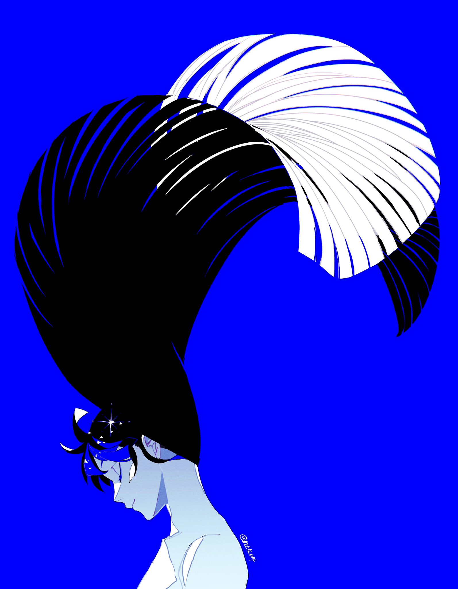 mt5 014, lapis lazuli (houseki no kuni), houseki no kuni, highres, 1other, androgynous, artist name, blue background, blue hair, colored eyelashes, colored skin, crystal hair, glowing, glowing hair, long hair, messy hair, other focus, shards, signature, white skin