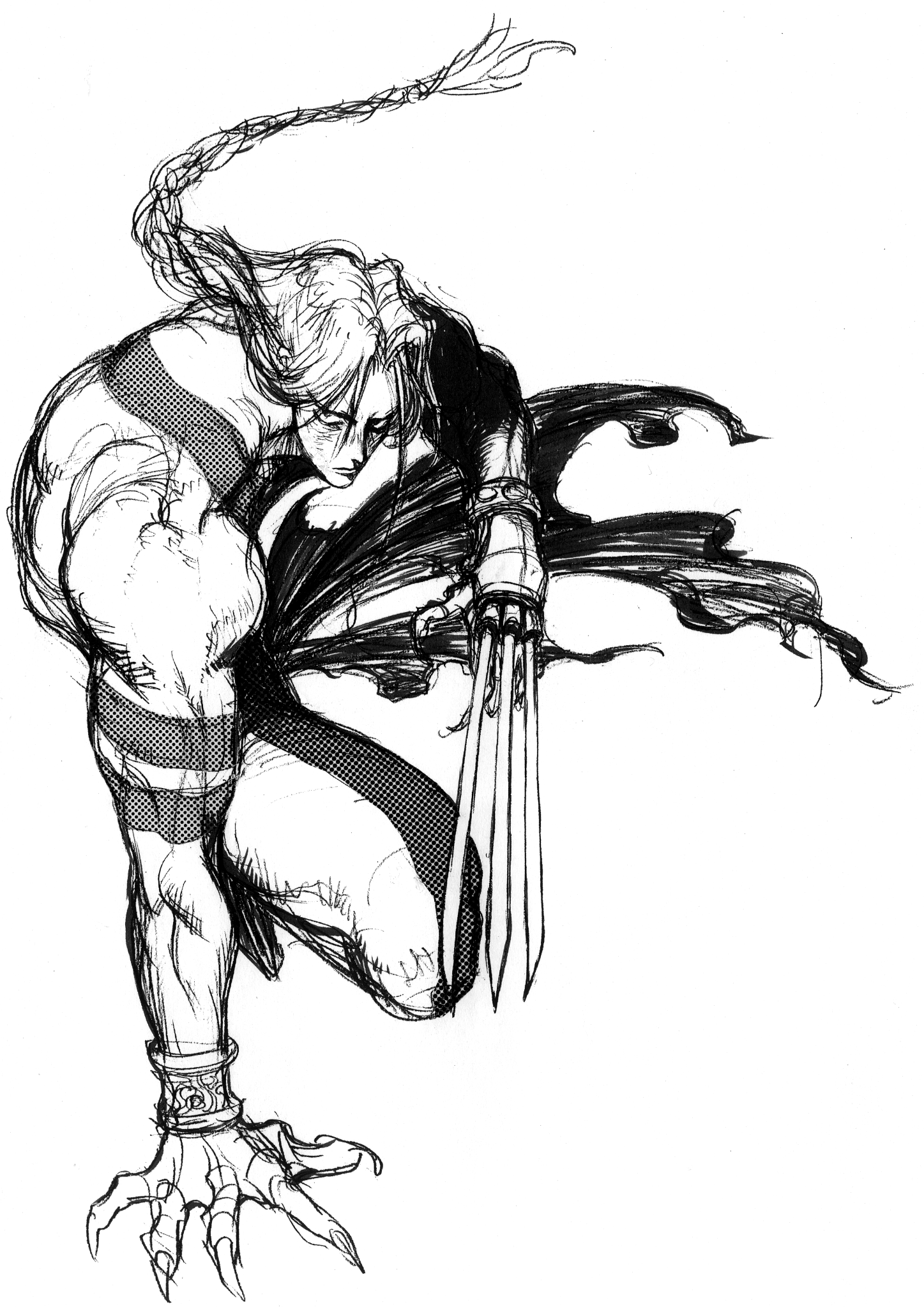 nishimura kinu, vega (street fighter), street fighter, street fighter ii (series), game cg, highres, non-web source, official art, 1boy, bracelet, braid, claw (weapon), fingernails, full body, jewelry, long fingernails, long hair, male focus, monochrome, multicolored pants, muscular, muscular male, pants, sash, sideways glance, simple background, single braid, solo, tattoo, weapon, white background