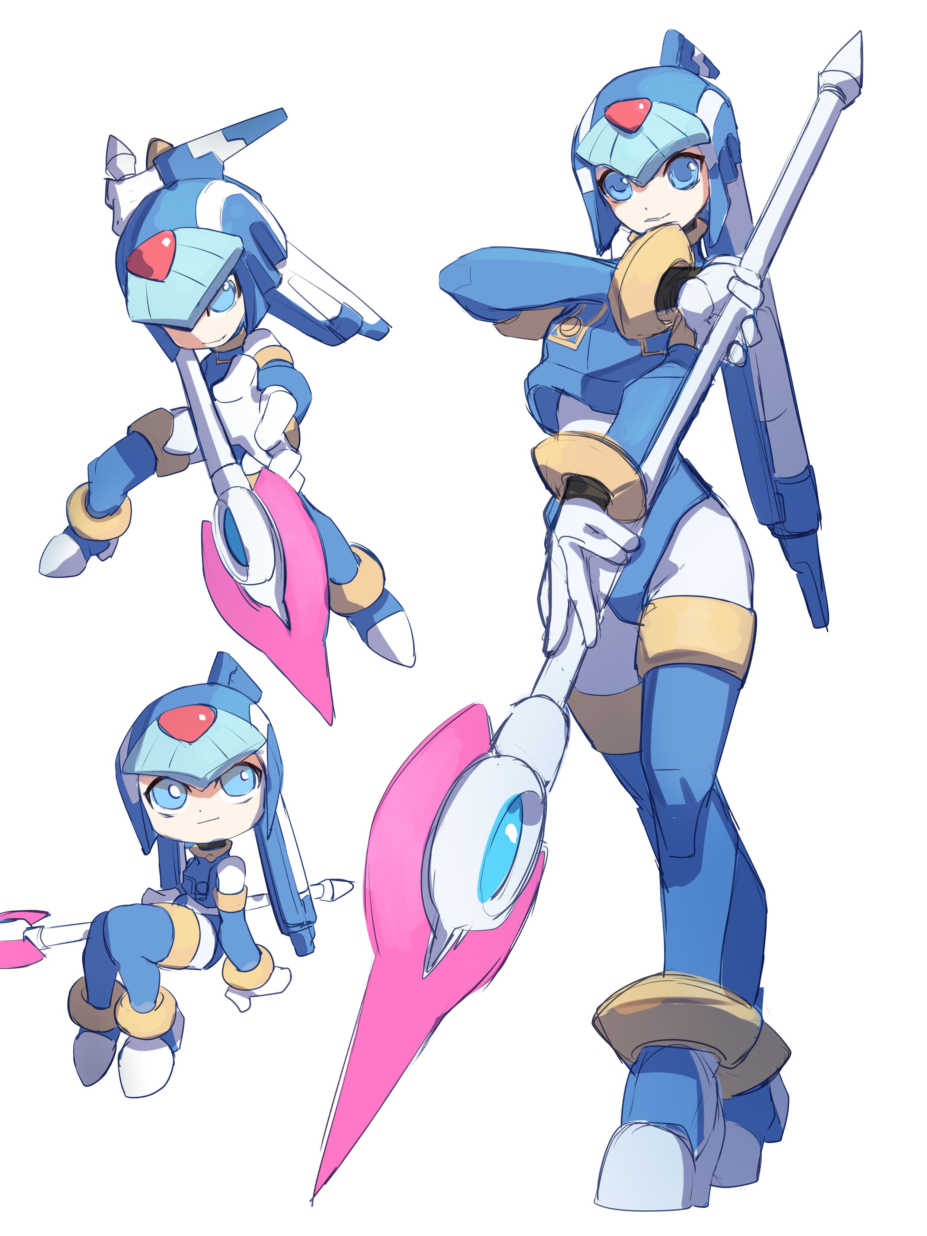 omochi (mochi skymega), fairy leviathan (mega man), mega man (series), mega man zero (series), absurdres, highres, 1girl, armor, blue armor, blue eyes, blue helmet, chibi, fins, forehead jewel, full body, head fins, helmet, holding, holding polearm, holding weapon, multiple views, polearm, simple background, spear, weapon, white background