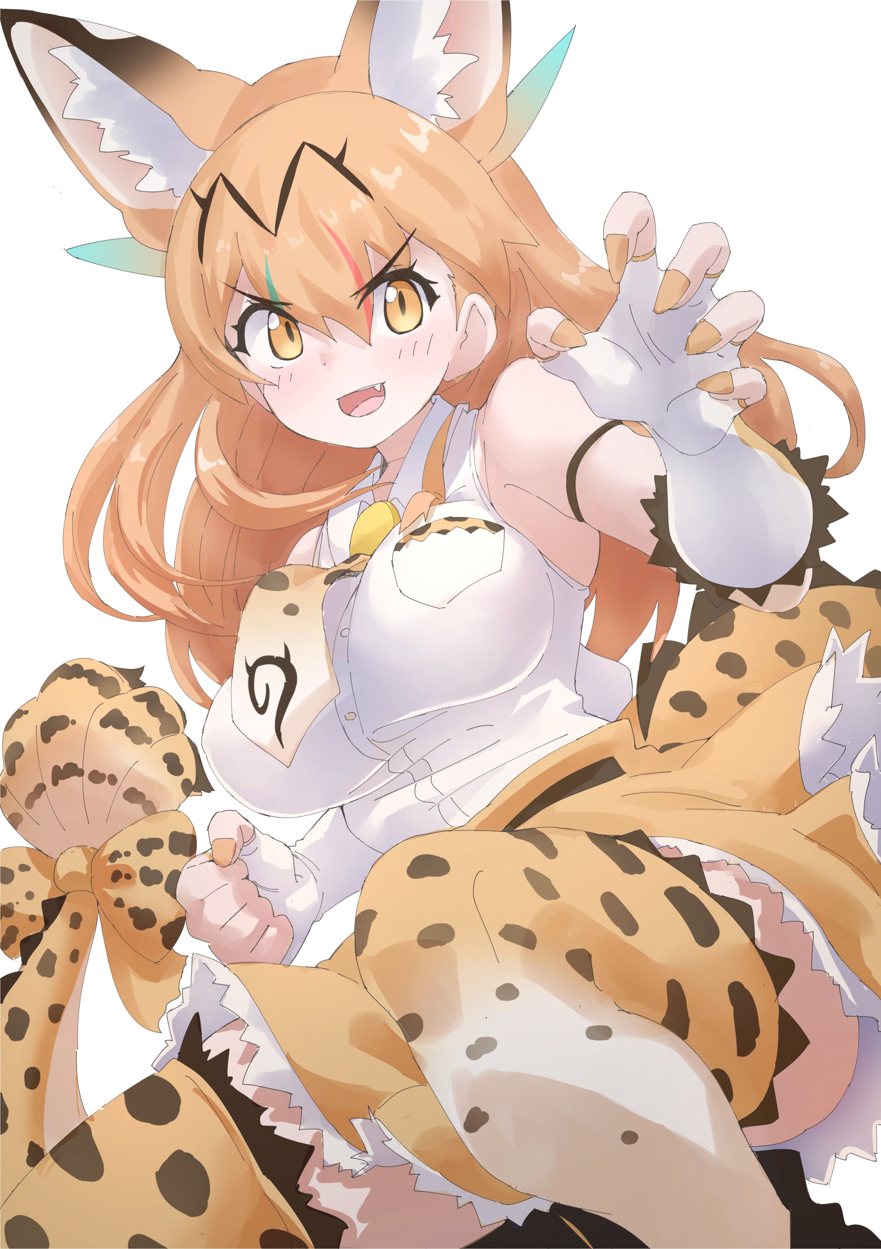 lowlandgorilla, kemono friends, absurdres, highres, 1girl, animal ears, animal print, bare shoulders, blonde hair, blush, bow, cat ears, cat girl, cat print, collared shirt, dragon girl, dragon serval (kemono friends), dragon tail, extra ears, fang, fingerless gloves, frilled gloves, frilled thigh strap, frills, gloves, hair between eyes, high-waist skirt, long hair, nail polish, necktie, open mouth, print bow, print necktie, print thighhighs, shirt, sidelocks, skirt, sleeveless, smile, solo, tail, tail bow, tail ornament, thigh strap, thighhighs, white gloves, white shirt, yellow eyes, yellow nails, yellow necktie, yellow skirt, yellow thighhighs, zettai ryouiki