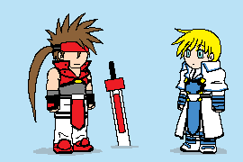 ky kiske, sol badguy, arc system works, guilty gear, animated, animated gif, lowres, !?, 2boys, blonde hair, blue eyes, brown hair, chibi, imitating, male focus, multiple boys, musical note, quaver, speech bubble, spoken musical note, sweatdrop, sword, tabard, weapon