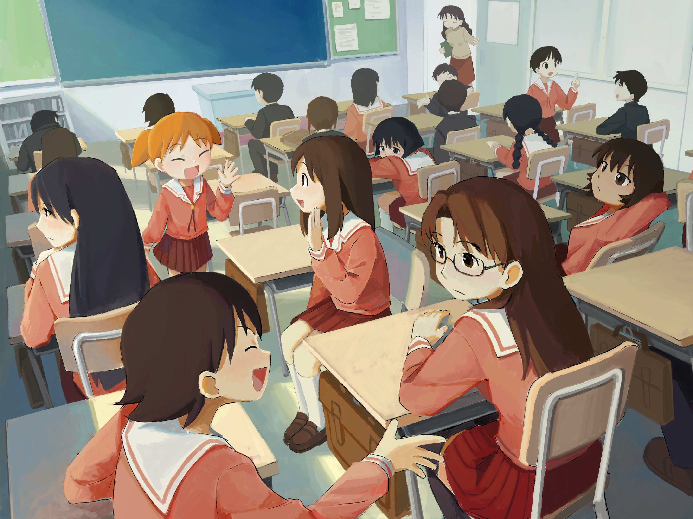 labuyoi, kagura (azumanga daioh), kaori (azumanga daioh), kasuga ayumu, mihama chiyo, mizuhara koyomi, sakaki (azumanga daioh), takino tomo, tanizaki yukari, azumanga daiou, highres, 5boys, 6+girls, azumanga daioh's school uniform, classroom, multiple boys, multiple girls, rachel handlebarz, school uniform, talking, waving