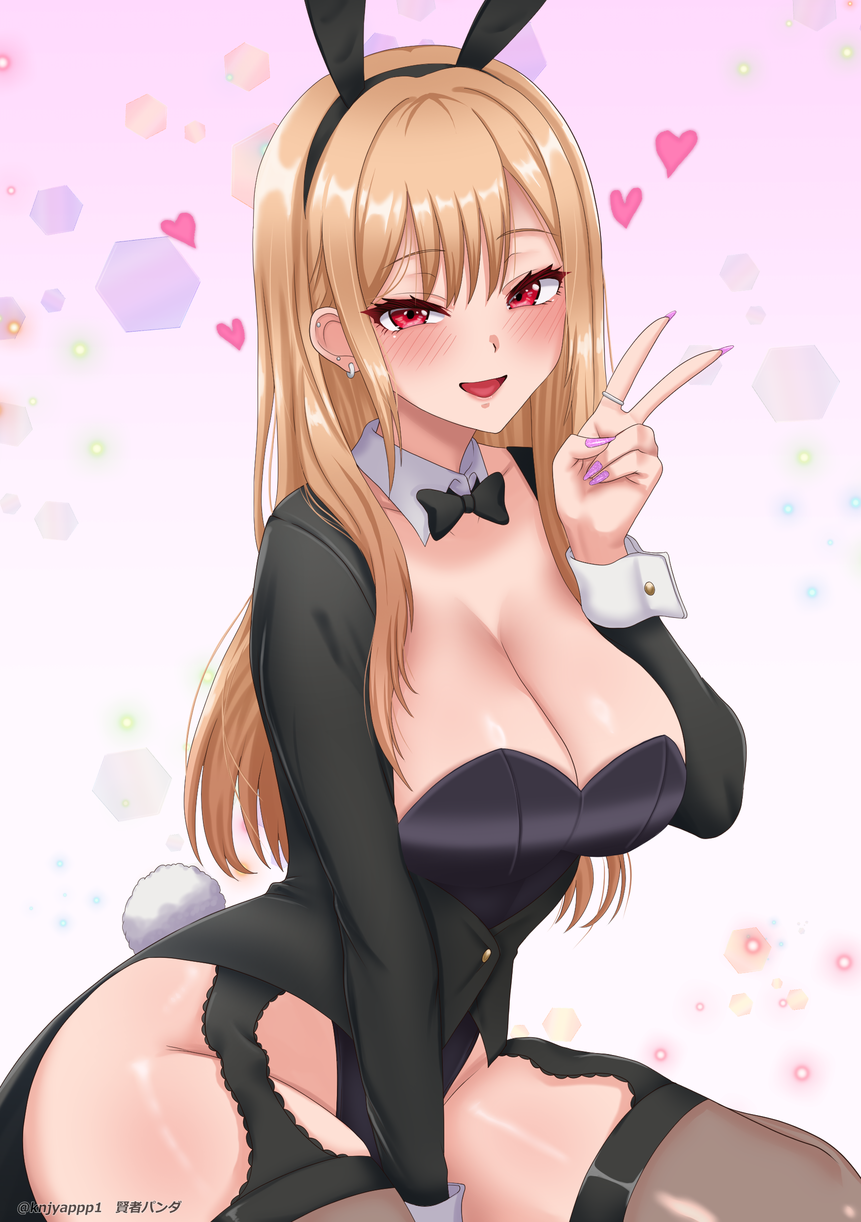 kenja panda, kitagawa marin, sono bisque doll wa koi wo suru, absurdres, commentary request, highres, 1girl, animal ears, black bow, black bowtie, black garter straps, black leotard, black thighhighs, blonde hair, bow, bowtie, breasts, cleavage, fake animal ears, fake tail, garter straps, heart, large breasts, leotard, long hair, looking at viewer, playboy bunny, purple eyes, rabbit ears, rabbit tail, simple background, solo, tail, thighhighs, thighs, twitter username, v, very long hair, white background
