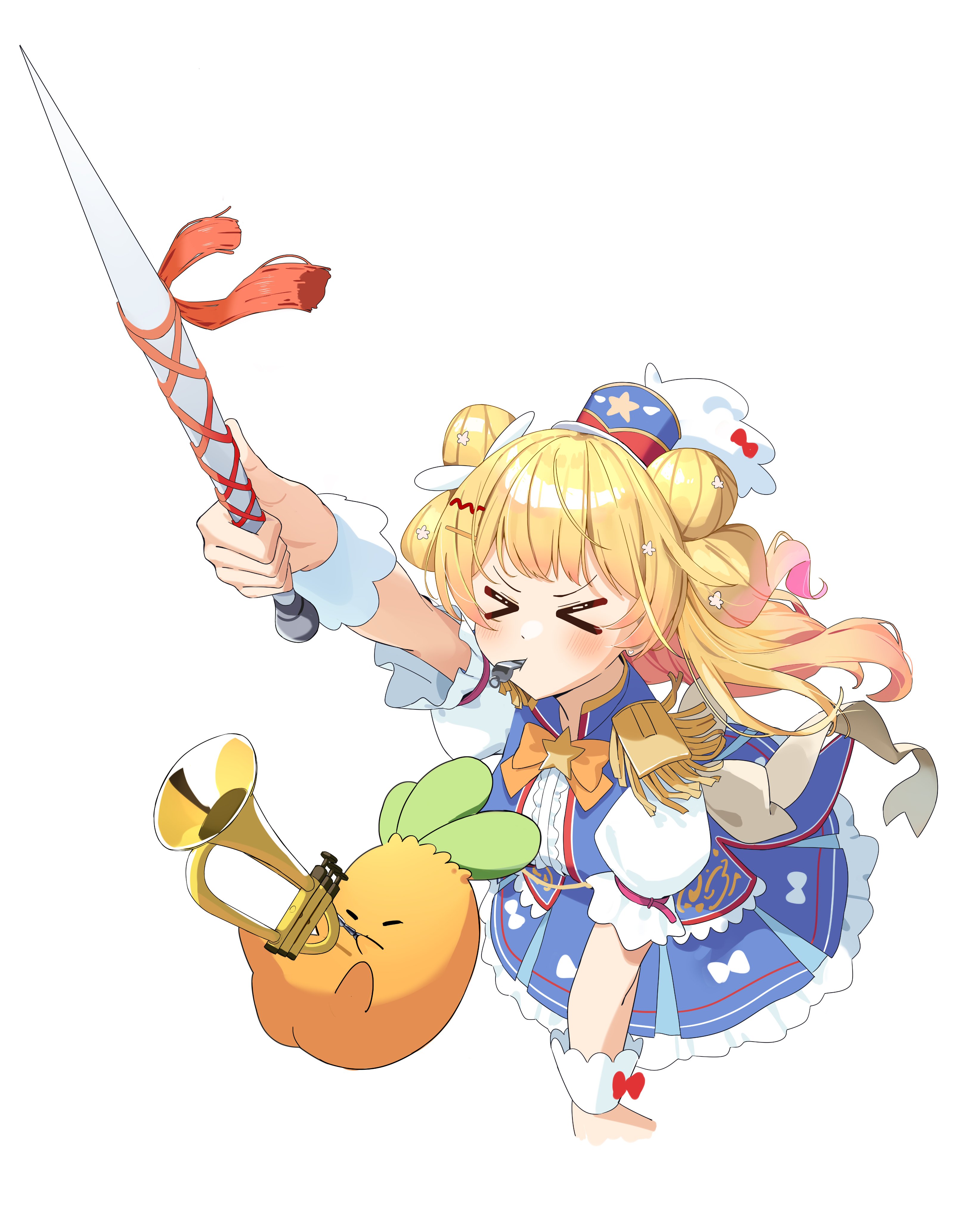 soredmaru, momosuzu nene, nekko (momosuzu nene), hololive, absurdres, commentary request, cropped, highres, > <, 1girl, alternate costume, blonde hair, blowing whistle, blue dress, bow, bowtie, butt crack, center frills, closed eyes, double bun, dress, dress bow, flower, frilled dress, frills, from above, gradient hair, grey bow, hair bun, hair flower, hair ornament, hairclip, holding, instrument, long hair, multicolored hair, music, orange bow, orange bowtie, outstretched arm, pink hair, playing instrument, puffy short sleeves, puffy sleeves, short sleeves, sidelocks, simple background, star ornament, trumpet, virtual youtuber, white background
