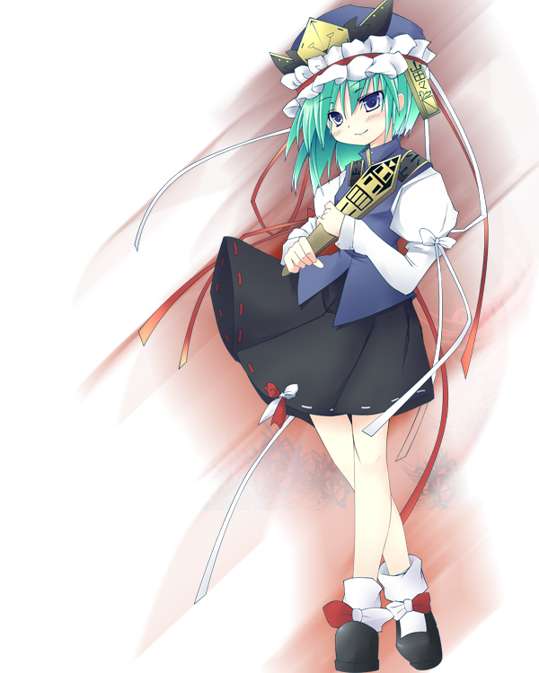 amatouna kuroneko, shiki eiki, touhou, bad id, bad pixiv id, 1girl, asymmetrical clothes, blue eyes, blush, female focus, gradient background, green hair, hat, mary janes, rod of remorse, shoes, skirt, solo, stick, white background
