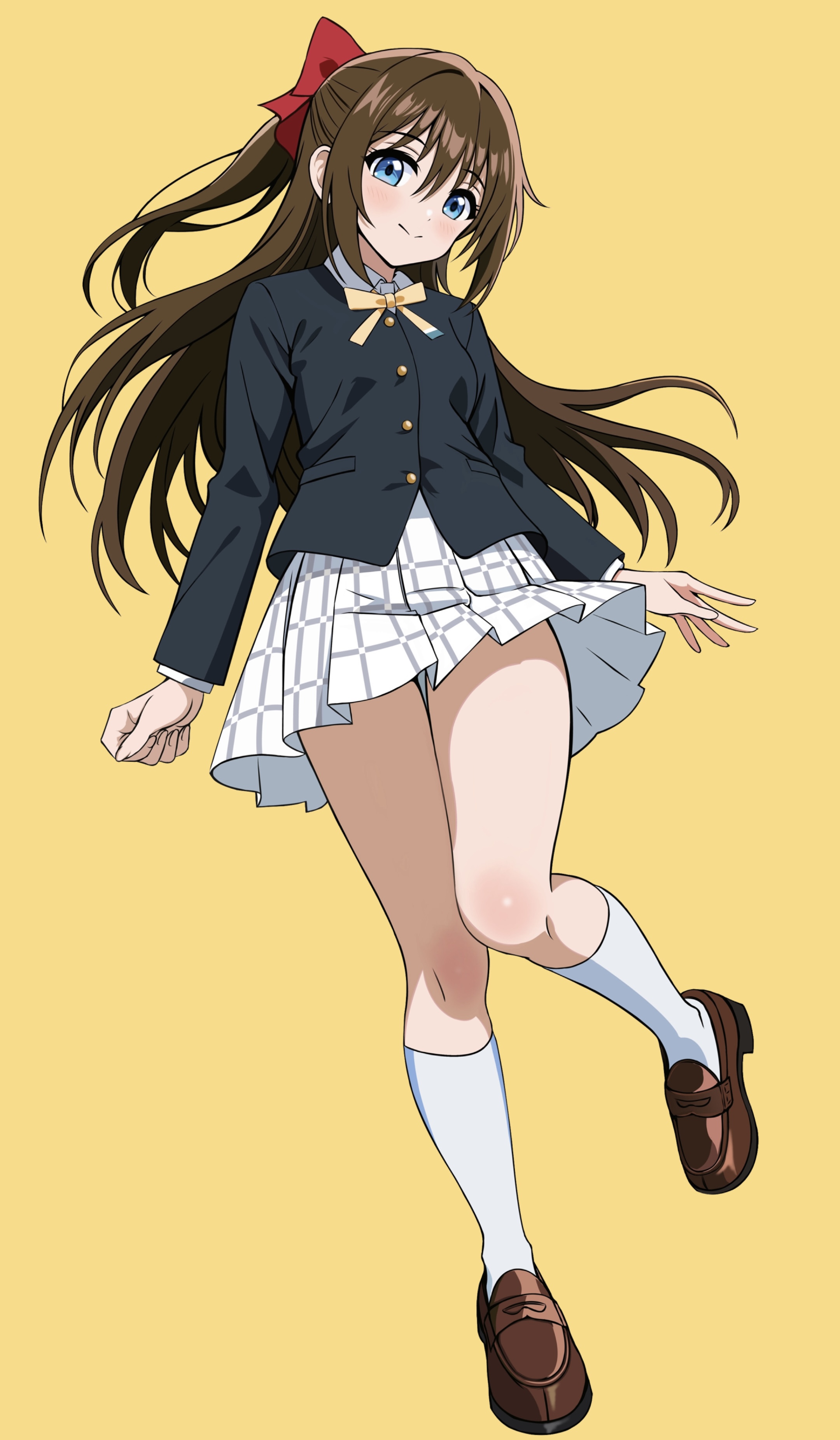 zaofeng, osaka shizuku, love live!, love live! nijigasaki high school idol club, absurdres, highres, 1girl, blazer, blue eyes, blush, bow, bowtie, breasts, brown hair, collared shirt, jacket, loafers, looking at viewer, pleated skirt, shirt, shoes, skindentation, skirt, small breasts, socks, solo, standing, standing on one leg, thigh gap, white shirt, white socks, yellow background, yellow bow, yellow bowtie