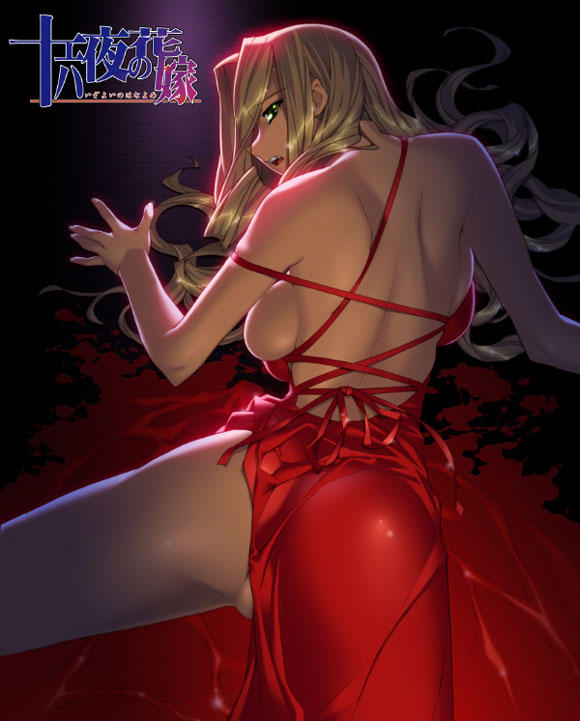 character request, back, blonde hair, breasts, dress, green eyes, red dress, sideboob, thighs