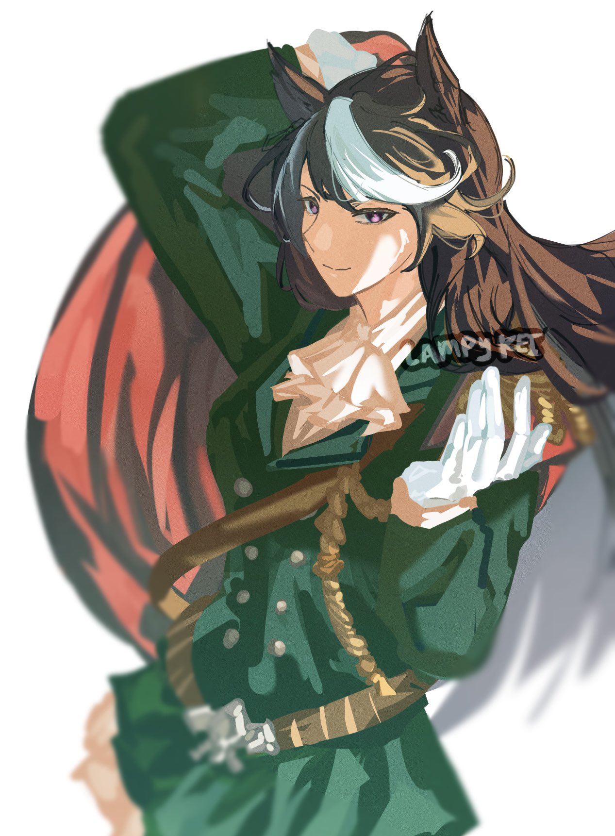 lampy uikoko, symboli rudolf (emperor's path) (umamusume), symboli rudolf (umamusume), umamusume, highres, 1girl, aiguillette, animal ears, ascot, brown hair, cape, closed mouth, epaulettes, gloves, green jacket, green skirt, hair between eyes, horse ears, horse girl, jacket, long hair, long sleeves, looking at viewer, multicolored hair, purple eyes, red cape, side cape, simple background, single epaulette, skirt, smile, streaked hair, upper body, white ascot, white background, white gloves, white hair