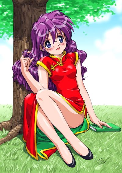 ri kouran, sakura taisen, 00s, 1girl, blue eyes, blush, book, china dress, chinese clothes, dress, female focus, glasses, long dress, long hair, purple hair, shade, sitting, solo, tree