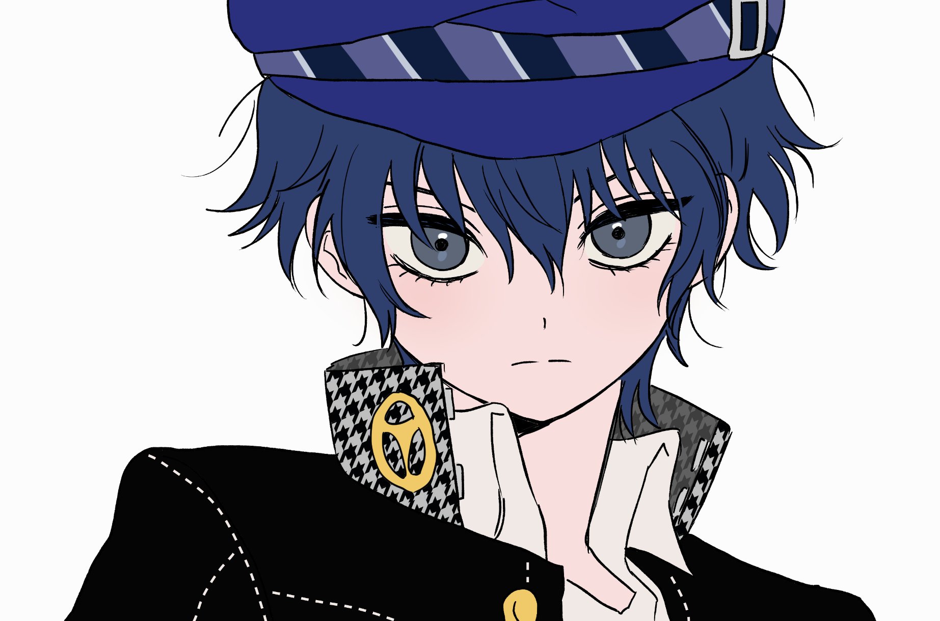 shirogane naoto, persona, persona 4, commentary, highres, korean commentary, 1girl, black jacket, blue hair, blue hat, closed mouth, collared shirt, crossdressing, crossdressing (ftm), grey eyes, hat, houndstooth, jacket, looking at viewer, newsboy cap, qnfrjswjsrmfla, reverse trap, school uniform, shirt, short hair, simple background, solo, white background, white shirt, yasogami school uniform