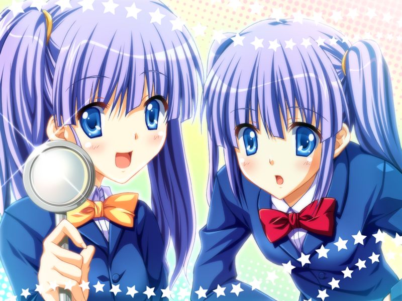 mizuhara yuu, yasugasa haruka, zettai shiawase sengen!, game cg, non-web source, 2girls, blue eyes, blue hair, long hair, magnifying glass, multiple girls, school uniform, serafuku, siblings, sisters, star (symbol), twins, twintails