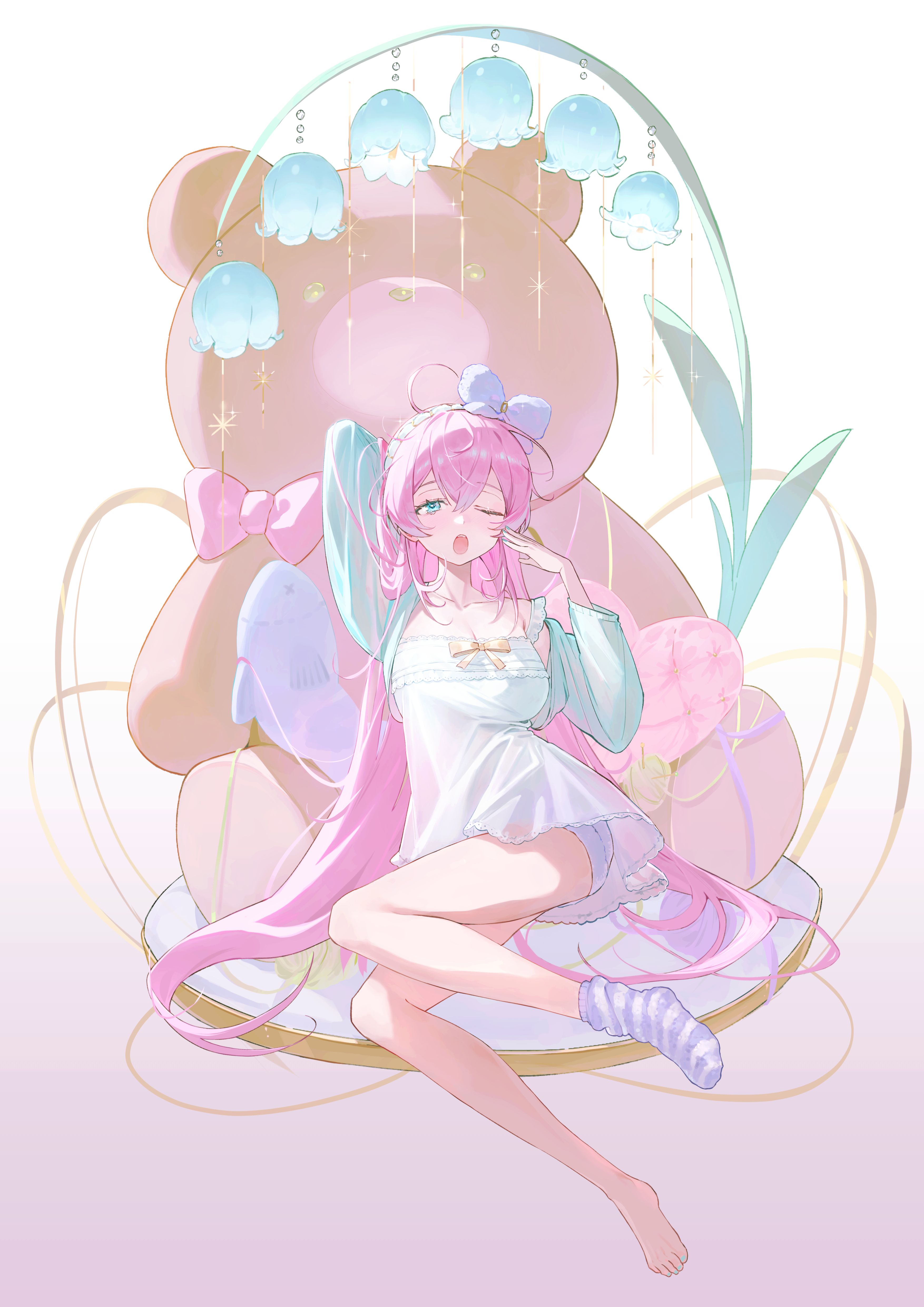 bon (bony 53), megurine luka, vocaloid, absurdres, commentary request, highres, 1girl, ;o, ahoge, alternate costume, aqua eyes, arm up, bow, breasts, cleavage, dress, full body, hairband, hand up, large breasts, long hair, long sleeves, looking at viewer, one eye closed, oversized object, pink bow, pink hair, ribbon, short dress, shorts, shorts under dress, single bare foot, single sock, sleepy, socks, solo, striped clothes, striped socks, stuffed animal, stuffed toy, teddy bear, very long hair, white background, white dress, white hairband, white shorts, yellow ribbon