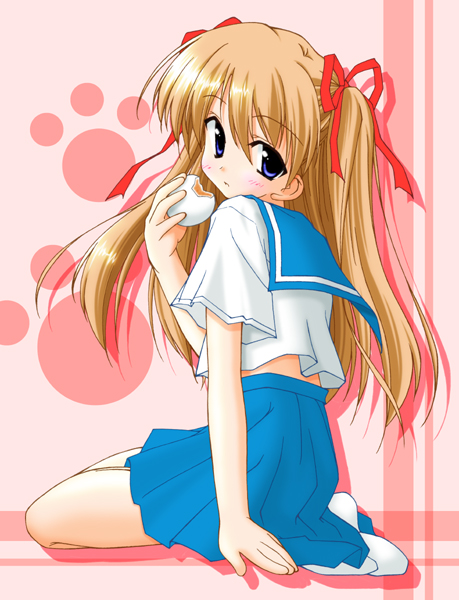 saotome ryuuichi, 1girl, blue eyes, brown hair, eating, female focus, food, long hair, school uniform, serafuku, solo, steamed bun, twintails