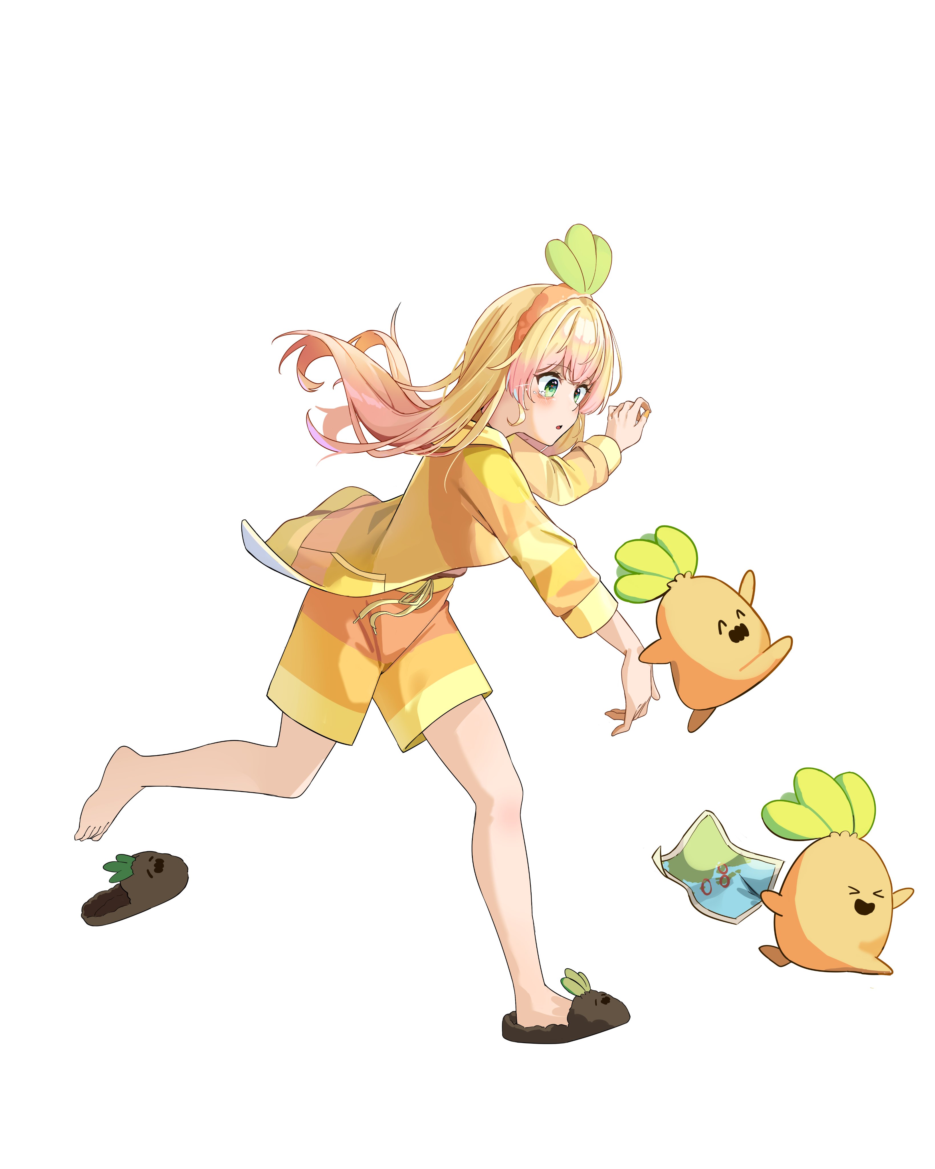 soredmaru, momosuzu nene, nekko (momosuzu nene), hololive, absurdres, commentary request, highres, > <, 1girl, ^ ^, blonde hair, brown shoes, closed eyes, crying, floating hair, full body, gradient hair, green eyes, hairband, holding, holding hands, holding map, jumping, long hair, looking at another, map, multicolored hair, official alternate costume, official alternate hairstyle, orange hairband, orange pajamas, pajamas, pink hair, running, shoes, sidelocks, simple background, slippers, virtual youtuber, white background