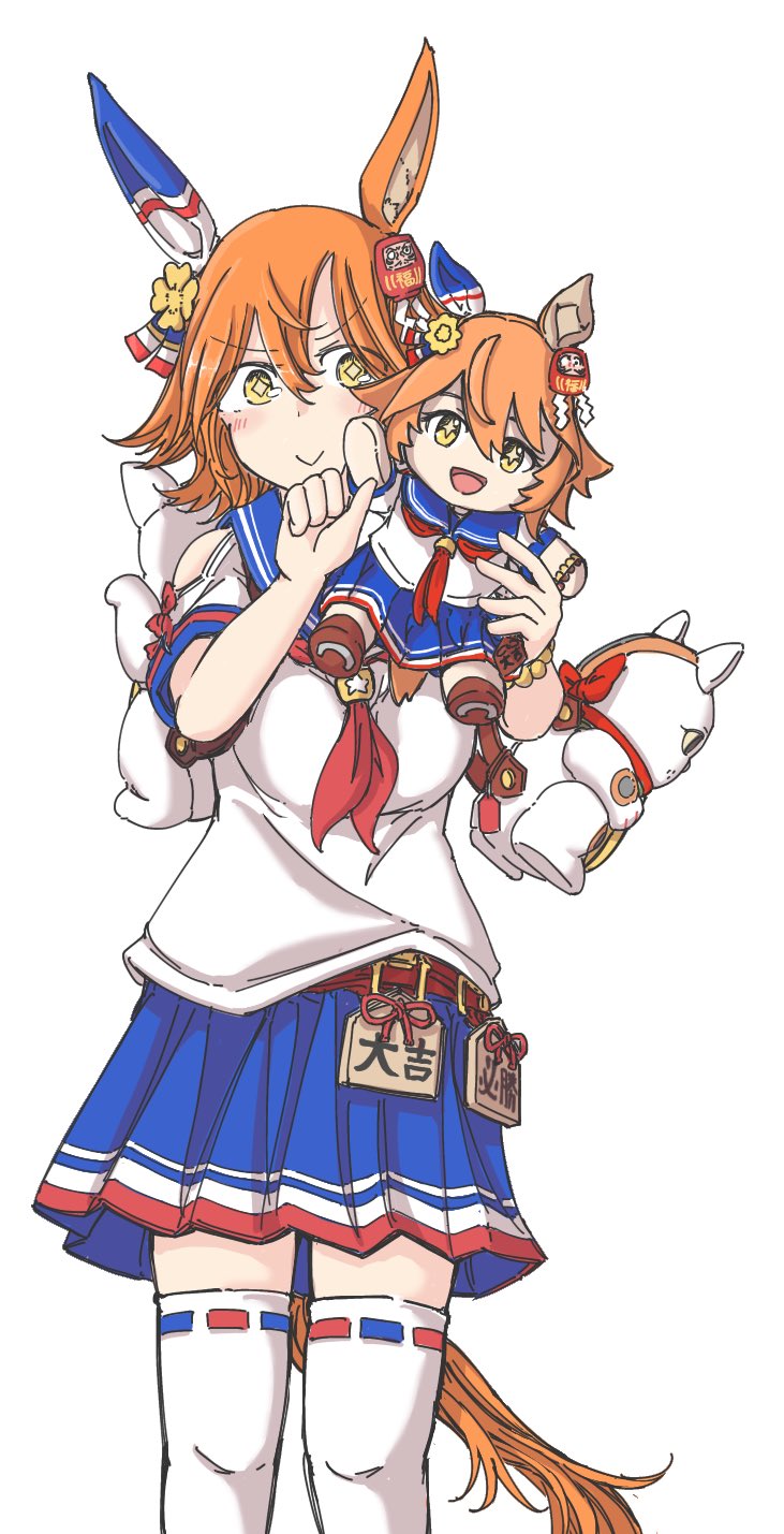 hachidori (ippatsuya), matikanefukukitaru (rising fortune) (umamusume), matikanefukukitaru (umamusume), umamusume, highres, + +, 1girl, animal ears, backpack, bag, bead bracelet, beads, blue skirt, blush, bracelet, character doll, closed mouth, clover hair ornament, daruma doll, doll, ear covers, ema, four-leaf clover hair ornament, good fortune symbol, hair between eyes, hair ornament, holding, horse ears, horse girl, horse tail, jewelry, looking at viewer, maneki-neko, neckerchief, orange hair, pleated skirt, red neckerchief, sailor collar, shirt, short hair, simple background, single ear cover, skirt, smile, solo, tail, thighhighs, white background, white shirt, white thighhighs, zettai ryouiki