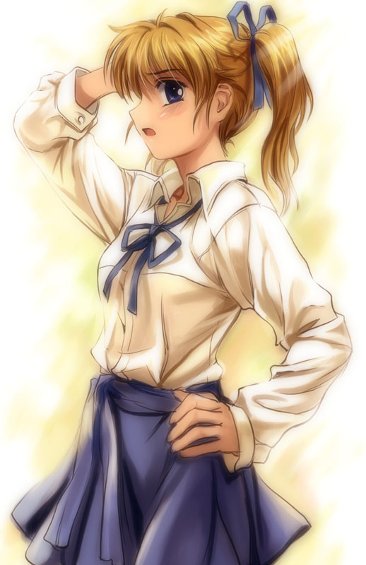 mutsuki (moonknives), non-web source, source request, arm behind head, blonde hair, blue eyes, hand on own hip, hip focus, long hair, profile, solo, twintails