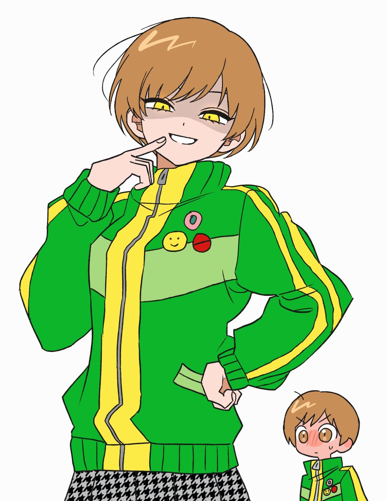 satonaka chie, shadow chie, persona, persona 4, commentary, highres, symbol-only commentary, 2girls, blush, brown eyes, brown hair, closed mouth, dual persona, green jacket, houndstooth, jacket, long sleeves, looking at another, looking at viewer, multiple girls, qnfrjswjsrmfla, school uniform, shaded face, short hair, simple background, skirt, smile, standing, upper body, white background, yasogami school uniform, yellow eyes