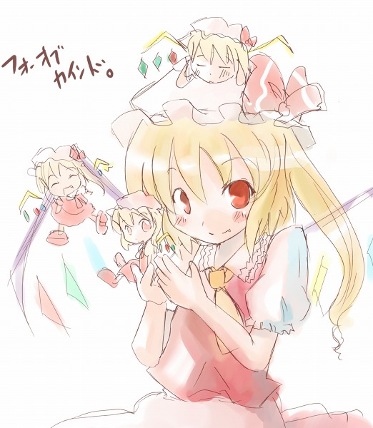 ogu, flandre scarlet, touhou, 4girls, blonde hair, chibi, female focus, hat, mob cap, multiple girls, ponytail, red eyes, ribbon, white background, wings