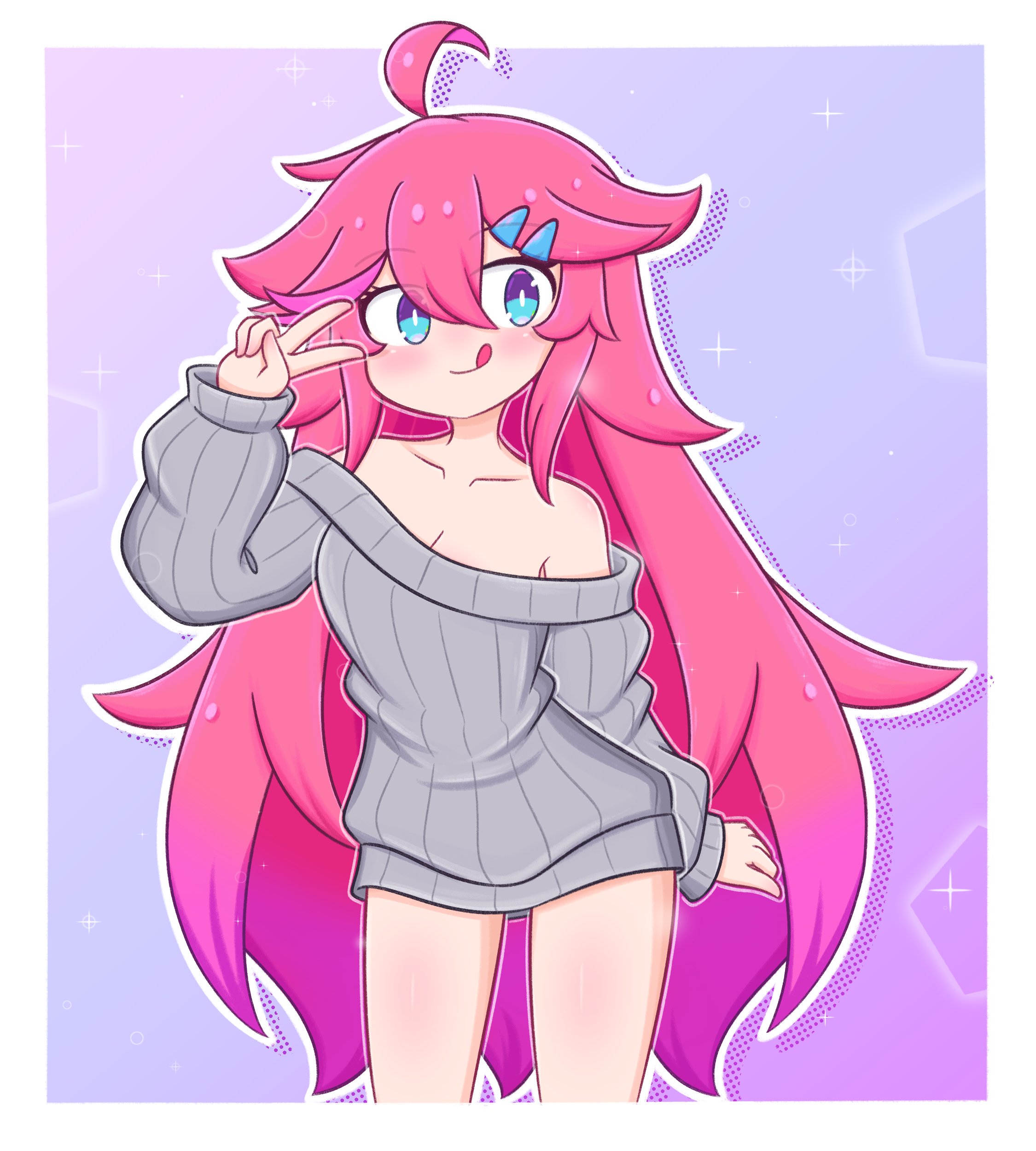 original, absurdres, commentary, highres, symbol-only commentary, 1girl, :q, ahoge, aqua eyes, bare shoulders, blush, border, breasts, bright pupils, cleavage, collarbone, colored tips, cowboy shot, eyelashes, grey sweater, hair between eyes, hair ornament, hairclip, long hair, long sleeves, multicolored hair, ojazaki, outline, pink hair, smile, solo, sparkle, sweater, tongue, tongue out, tsumiki (ojazaki), v, very long hair, white border, white outline, white pupils
