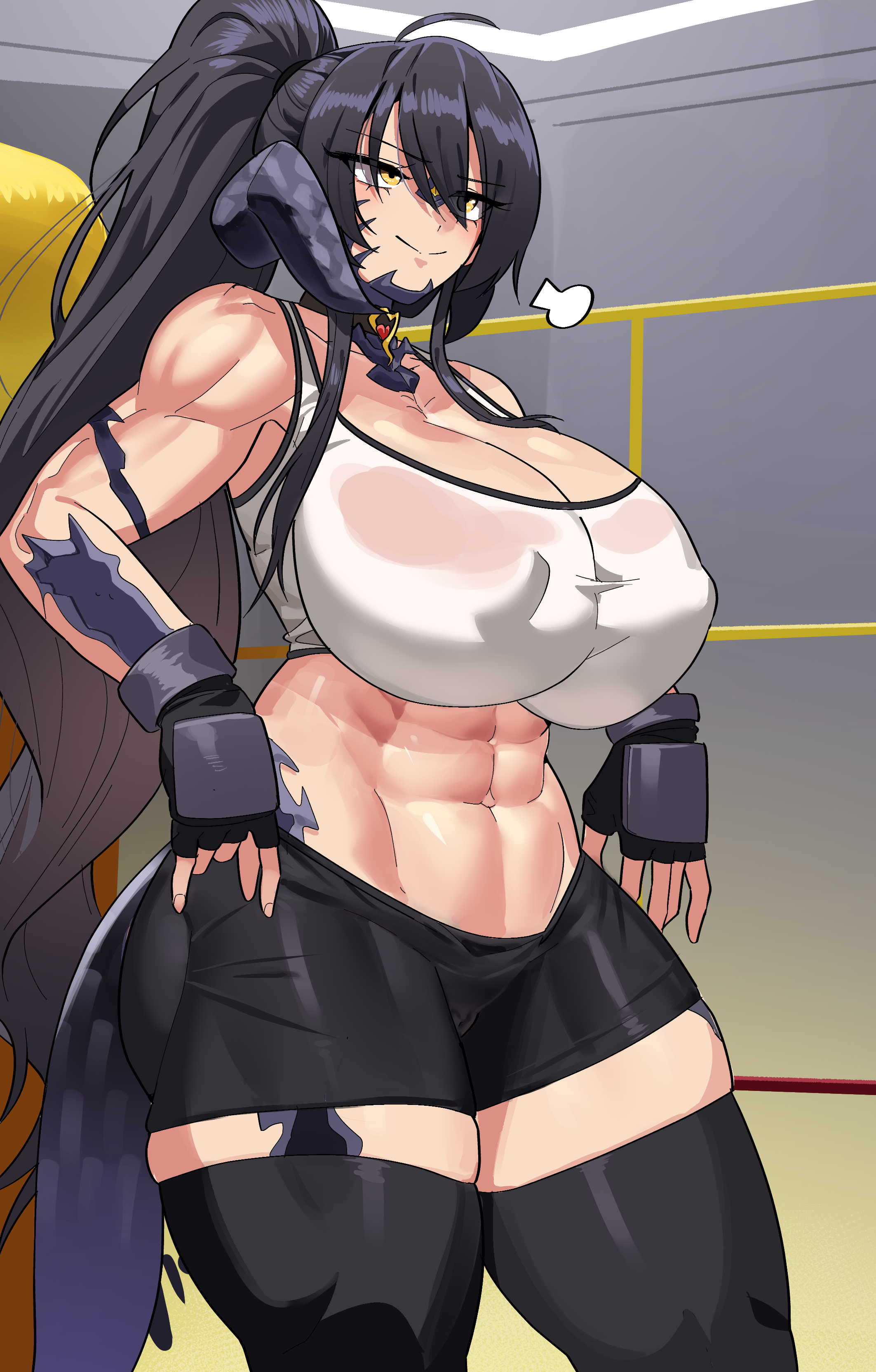 gamjasssak, sapphira nyx, warrior of light (ff14), final fantasy, final fantasy xiv, absurdres, commission, highres, pixiv commission, 1girl, abs, ahoge, bike shorts, black thighhighs, breasts, cleavage, closed mouth, dragon horns, dragon tail, horns, huge breasts, long hair, looking ahead, muscular, muscular female, navel, ponytail, puff of air, scales, smile, solo, stomach, tail, thighhighs, very long hair, yellow eyes