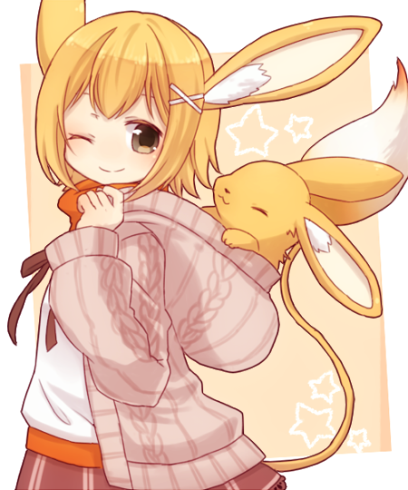 emil chronicle online, 1girl, animal ears, blonde hair, brown skirt, from side, grey eyes, hair ornament, hairclip, jacket, mouse (animal), mouse ears, mouse girl, mouse tail, one eye closed, orange scarf, sandrat alma, scarf, shirt, skirt, star (symbol), star symbol background, tail, tarou 4, white jacket, white shirt, yellow background