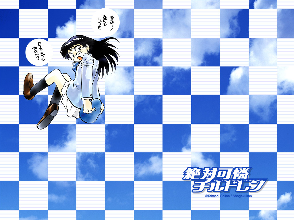 shiina takashi, nogami aoi, zettai karen children, official art, official wallpaper, 00s, 1girl, black socks, blush, checkered background, female focus, from behind, full body, kneehighs, loafers, long hair, long sleeves, looking at viewer, shoes, simple background, socks, solo, very long hair