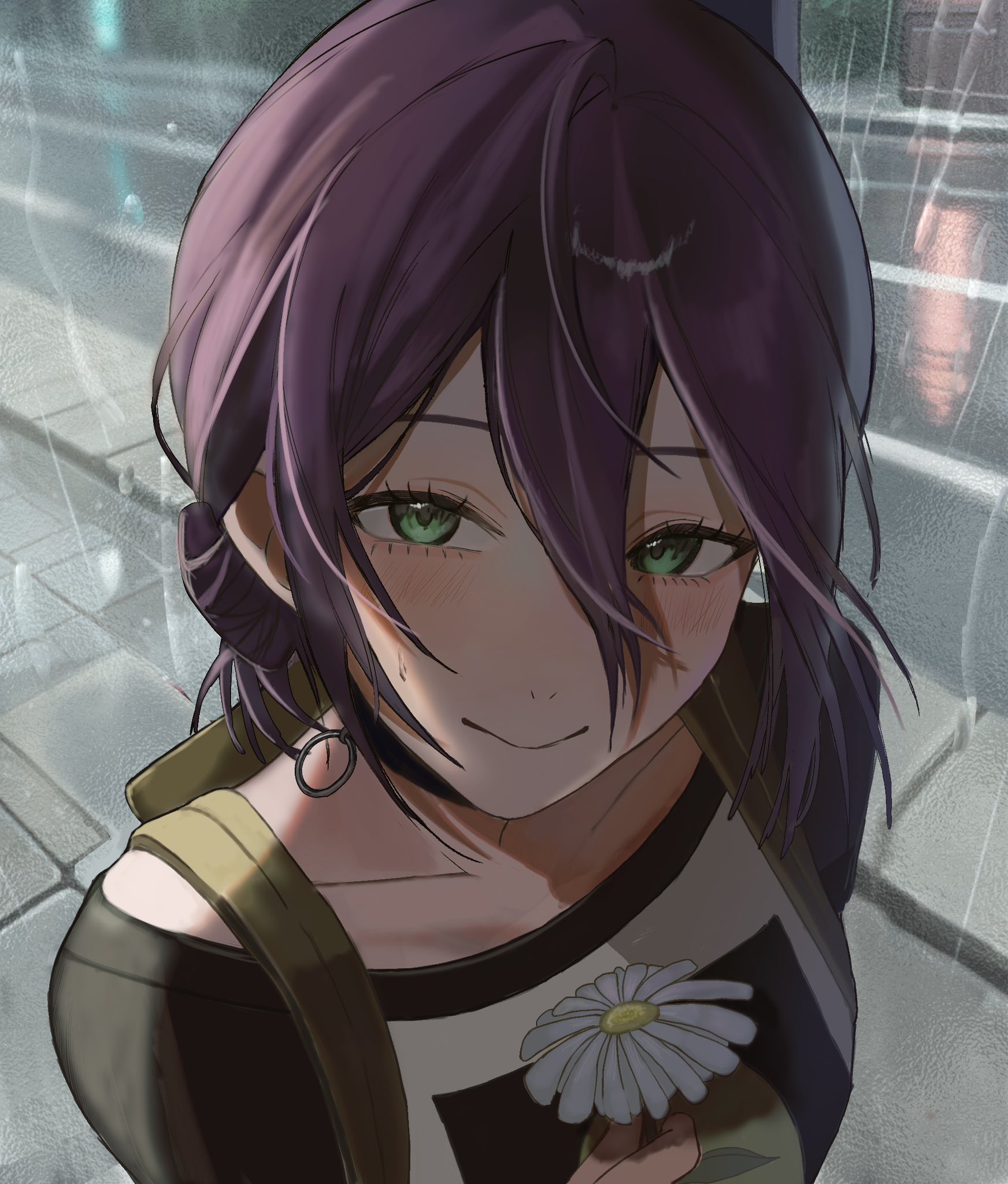 skull 08, reze (chainsaw man), chainsaw man, highres, 1girl, backpack, bag, black shirt, close-up, closed mouth, collarbone, flower, green eyes, grenade pin, hair between eyes, holding, holding flower, light blush, looking at viewer, phone booth, purple hair, rain, road, shirt, smile, solo, street, two-tone shirt, white flower, white shirt