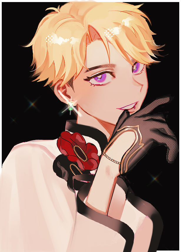 narukami arashi, ensemble stars!, 1boy, ben-day dots, black background, black flower, black gloves, black trim, blonde hair, border, bright pupils, curtained hair, cutout eyelashes, dnm5rocfa8yskqw, earrings, flower, gem, girly boy, glint, gloves, gold trim, green gemstone, grin, halftone, hand up, jewelry, looking at viewer, male focus, mismatched eyebrows, official alternate costume, open mouth, outside border, parted bangs, portrait, purple eyes, red flower, screentones, shirt, shirt flower, short hair, sleeve slit, smile, solo, sparkle, undercut, very short hair, white border, white pupils, white shirt