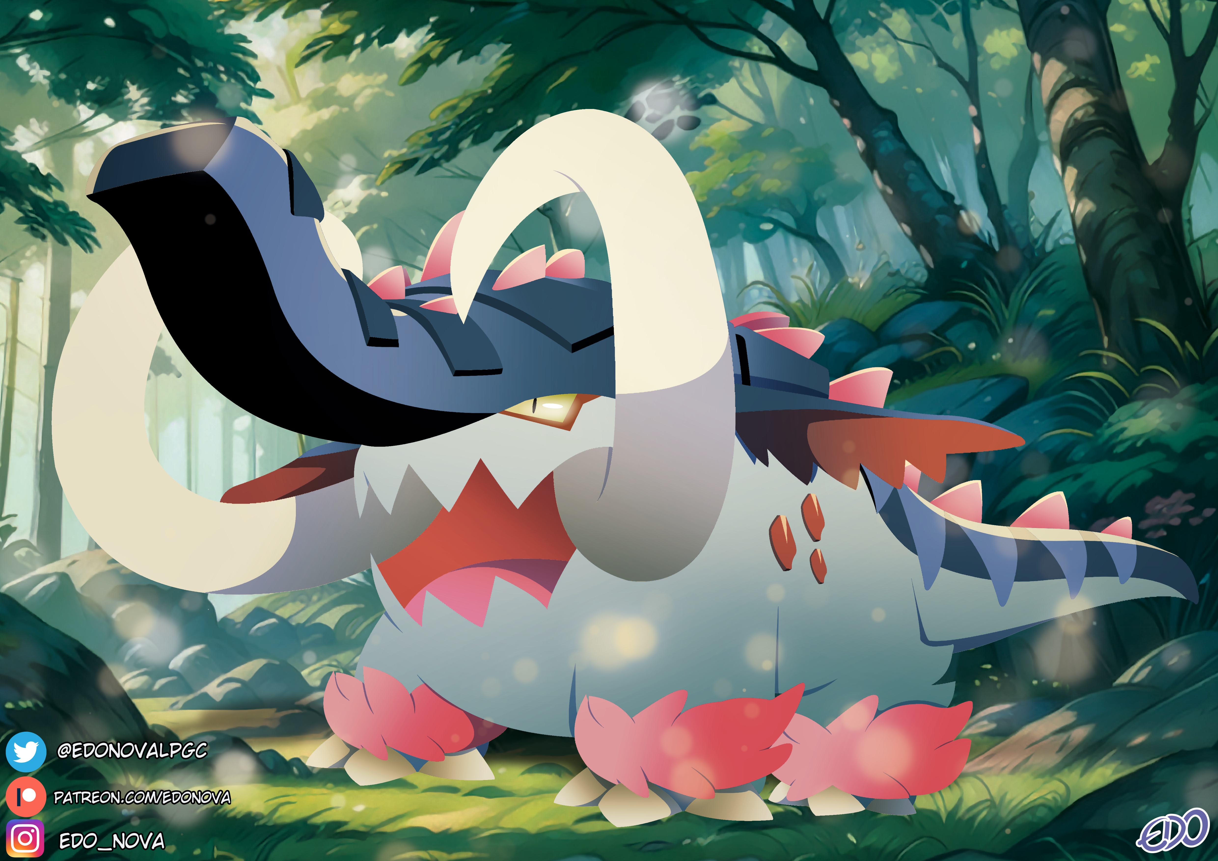 edo nova, great tusk, nintendo, pokemon, pokemon sv, absurdres, commentary request, highres, mixed-language commentary, animal focus, artist name, full body, grass, instagram logo, instagram username, no humans, outdoors, patreon logo, patreon username, pokemon (creature), pokemon focus, rock, slit pupils, solo, spanish commentary, tree, tusks, twitter logo, twitter username, v-shaped eyebrows, watermark, web address