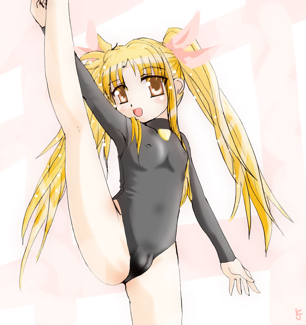 kiyojirou, fate testarossa, lyrical nanoha, mahou shoujo lyrical nanoha, mahou shoujo lyrical nanoha a's, 00s, ballet, blonde hair, brown eyes, cameltoe, choker, gymnastics, leg lift, leotard, loli, solo, turtleneck, twintails