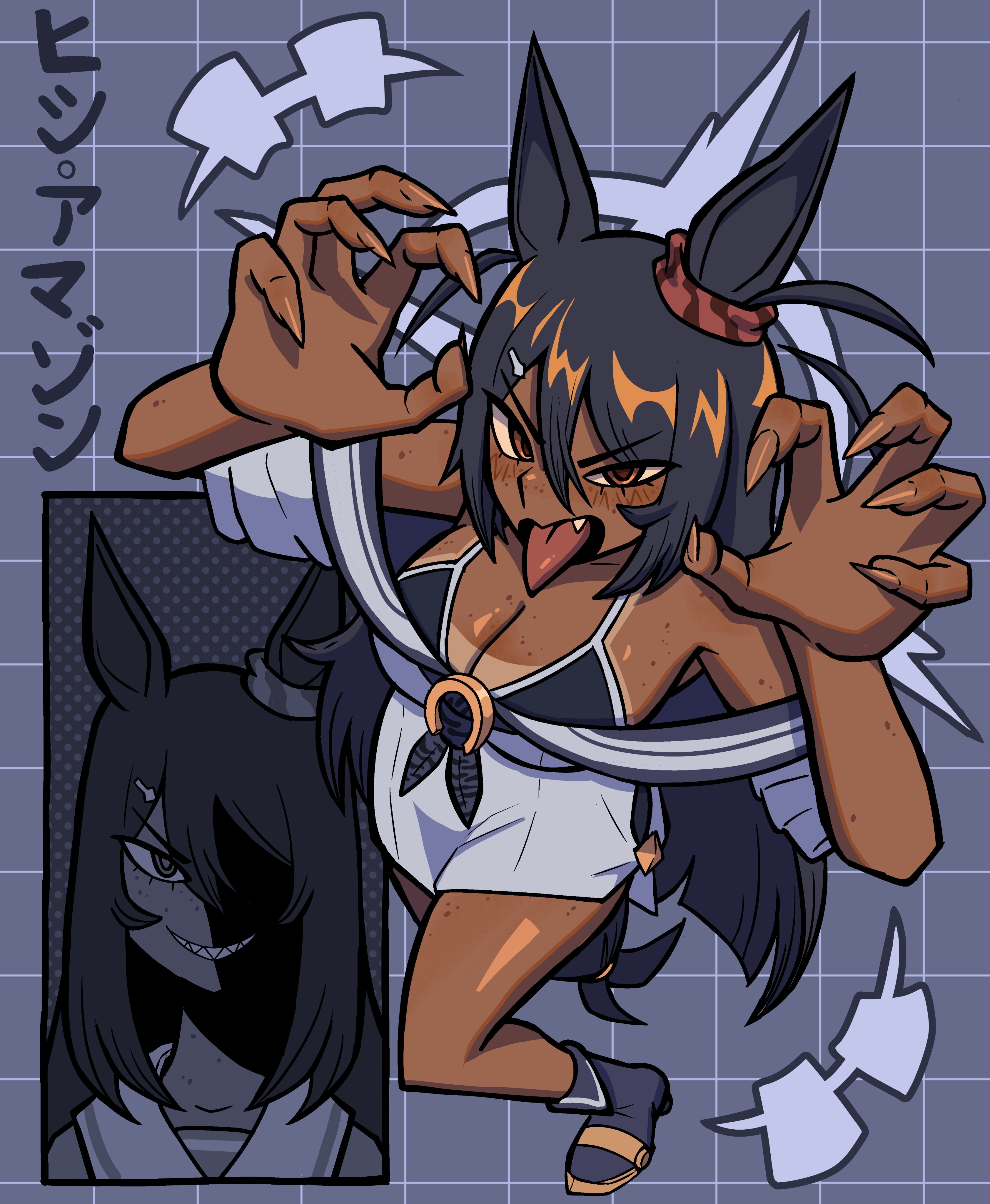 nihonnogoburin, hishi amazon (azure amazon) (umamusume), hishi amazon (umamusume), umamusume, absurdres, highres, 1girl, animal ears, bikini, bikini top only, black hair, breasts, brown eyes, cleavage, dark-skinned female, dark skin, ear ornament, ear scrunchie, fang, fingernails, grin, hair between eyes, hair ornament, hairclip, horse ears, horse girl, horse tail, large breasts, long hair, looking at viewer, open mouth, red scrunchie, sailor collar, sailor shirt, scrunchie, sharp fingernails, sharp teeth, shirt, shoes, smile, swimsuit, tail, tan, tanline, teeth, tongue, tongue out, very long hair, white sailor collar, white shirt