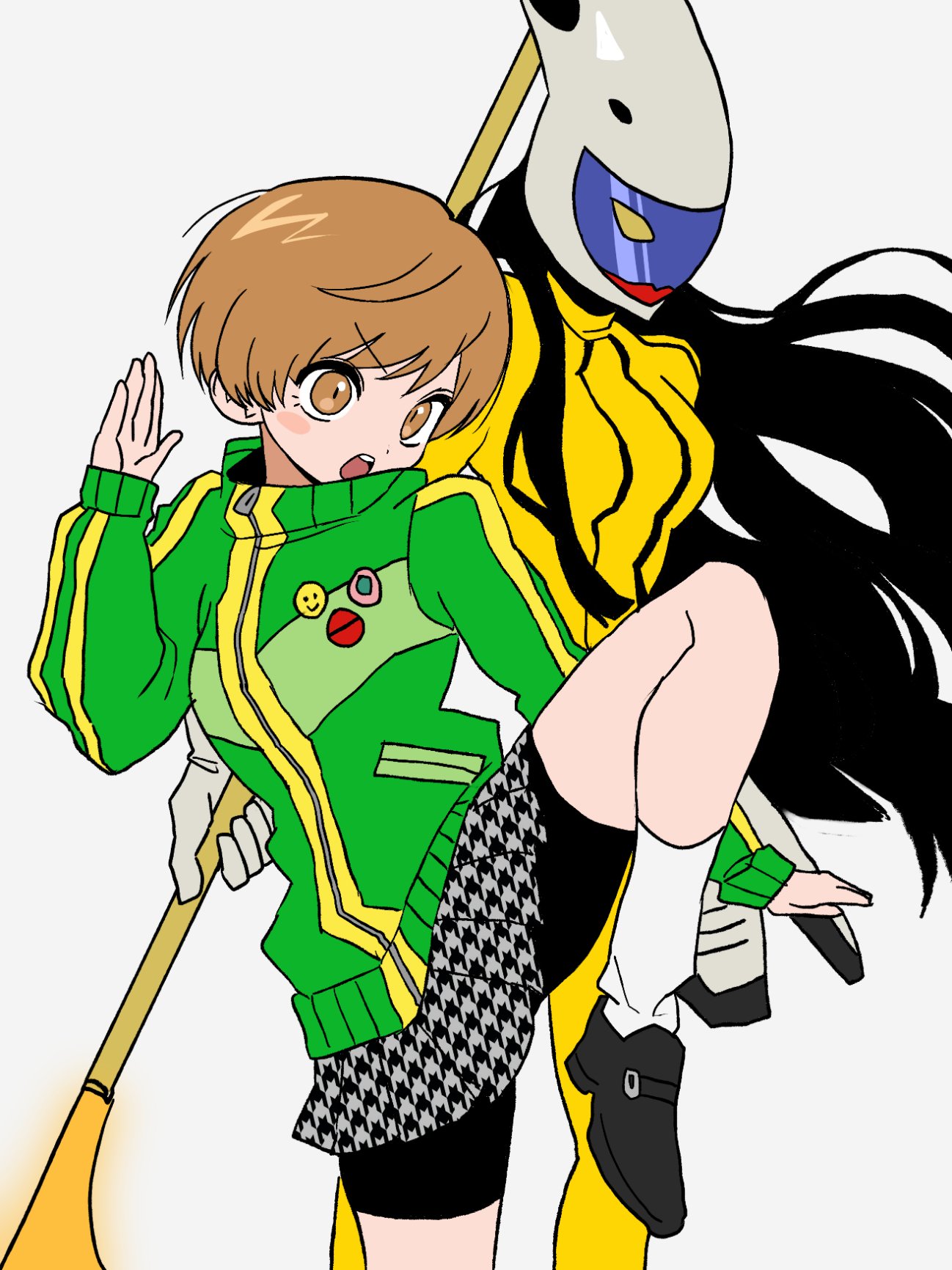 satonaka chie, tomoe (persona 4), persona, persona 4, commentary, english commentary, highres, 2girls, badge, black hair, black shorts, breasts, brown eyes, brown hair, button badge, fighting stance, green jacket, grey shoes, hand up, holding, holding weapon, houndstooth, jacket, knee up, long hair, long sleeves, multiple girls, open mouth, persona (summon), pleated skirt, qnfrjswjsrmfla, school uniform, shoes, short hair, shorts, shorts under skirt, simple background, skirt, socks, standing, standing on one leg, weapon, white background, white socks, yasogami school uniform