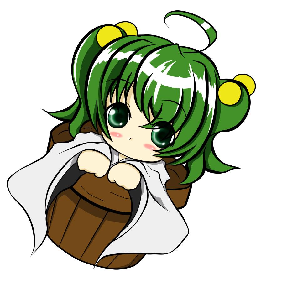 sanatan, kisume, touhou, 1girl, ahoge, blush, bucket, female focus, green eyes, green hair, hair bobbles, hair ornament, in bucket, in container, simple background, solo, twintails, white background