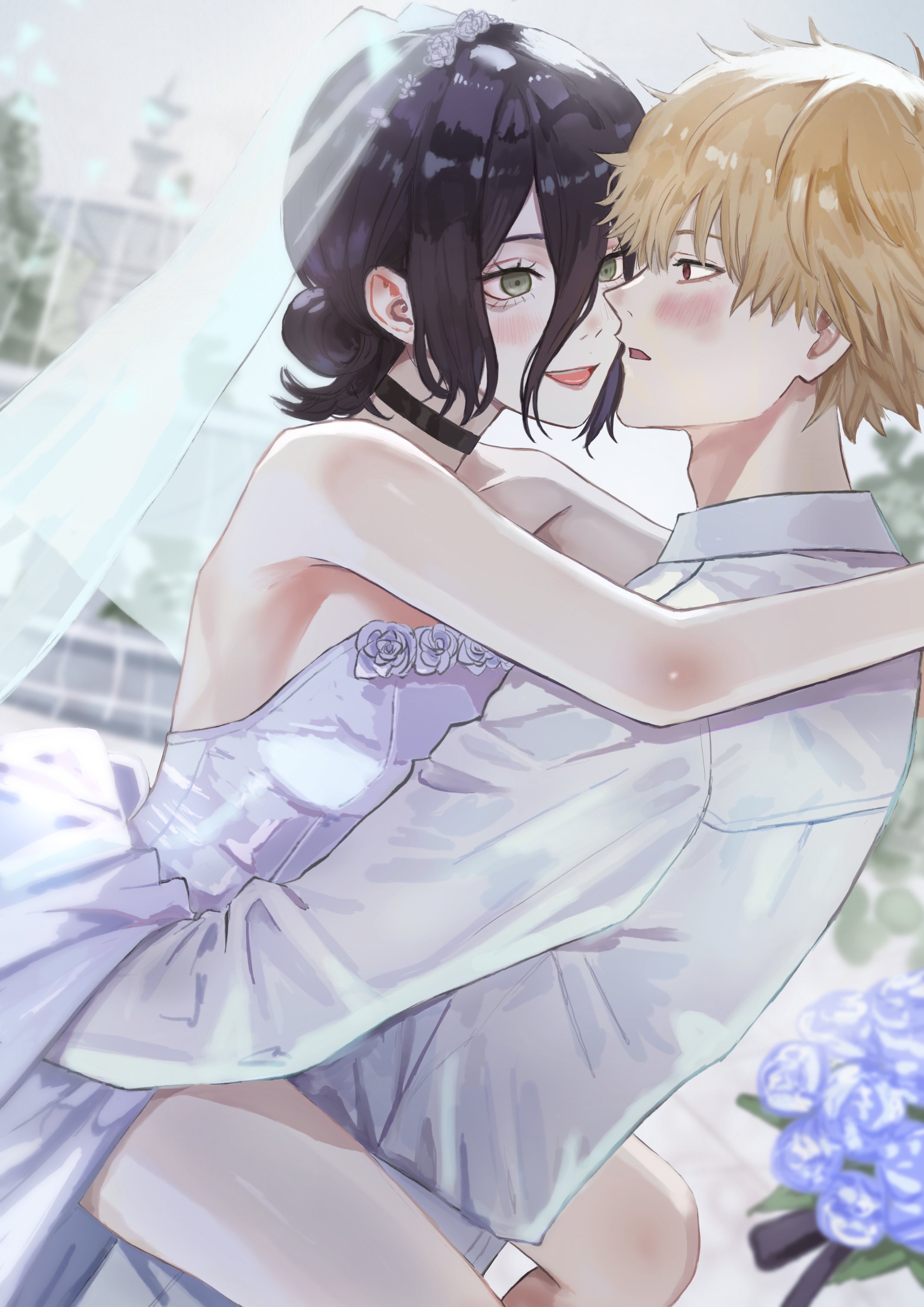 dhbwinner, denji (chainsaw man), reze (chainsaw man), chainsaw man, absurdres, highres, 1boy, 1girl, black choker, black hair, blonde hair, blue flower, bridal veil, bride, carrying, carrying person, choker, collared shirt, dress, flower, fountain, green eyes, groom, hair between eyes, hair bun, hetero, looking at another, open mouth, outdoors, overcast, red eyes, shirt, short hair, sky, strapless, strapless dress, veil, wedding dress, white dress, white shirt