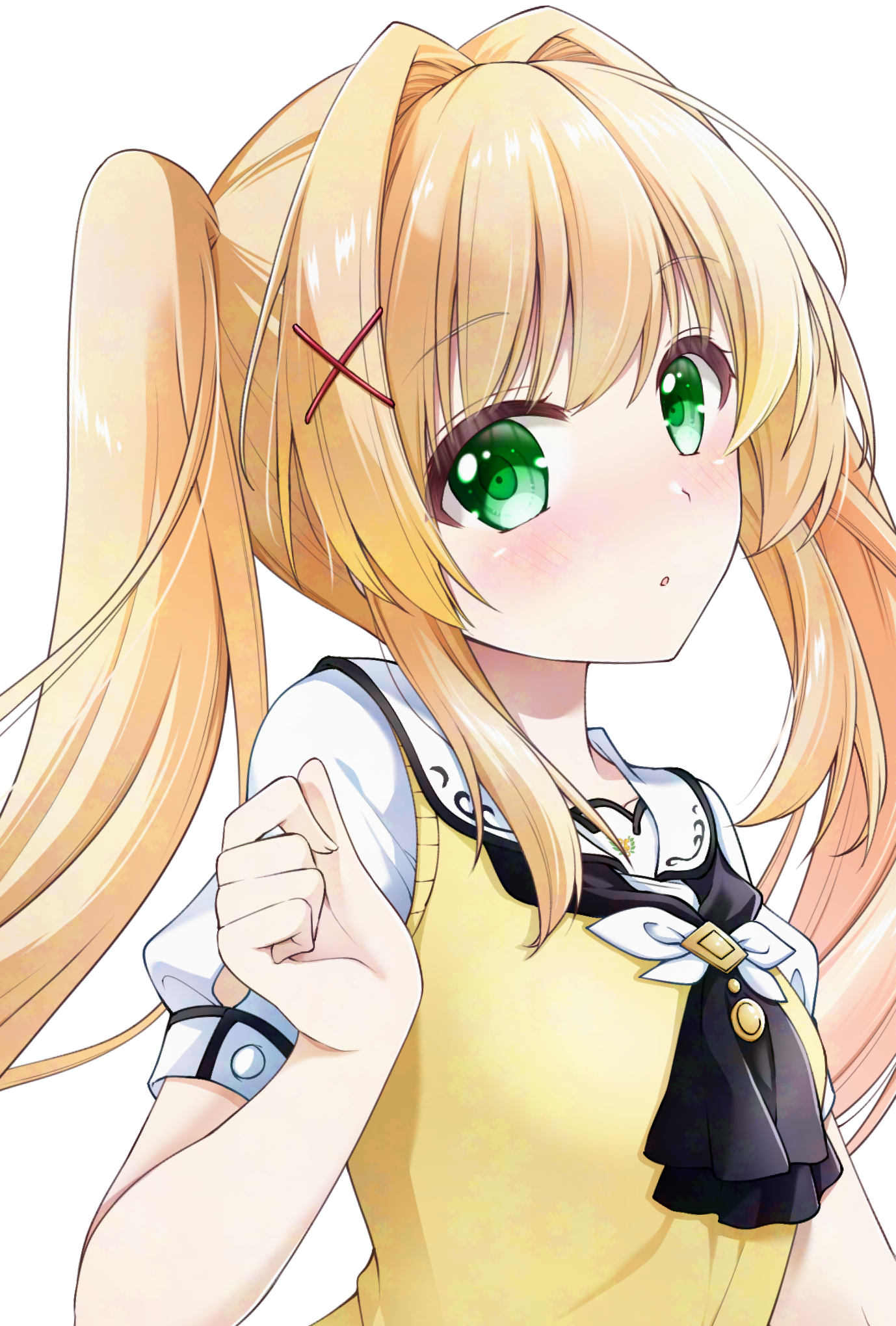 chibinon, tsumugi wenders, summer pockets, adversarial noise, commentary, highres, 1girl, ascot, black ascot, blonde hair, blush, clenched hand, eyes visible through hair, green eyes, hair between eyes, hair intakes, hair ornament, hand up, long hair, looking at viewer, parted lips, puffy short sleeves, puffy sleeves, sailor collar, school uniform, serafuku, shirt, short sleeves, sidelocks, simple background, solo, straight hair, summer pockets school uniform, sweater vest, twintails, upper body, very long hair, white background, white sailor collar, white shirt, x hair ornament, yellow sweater vest