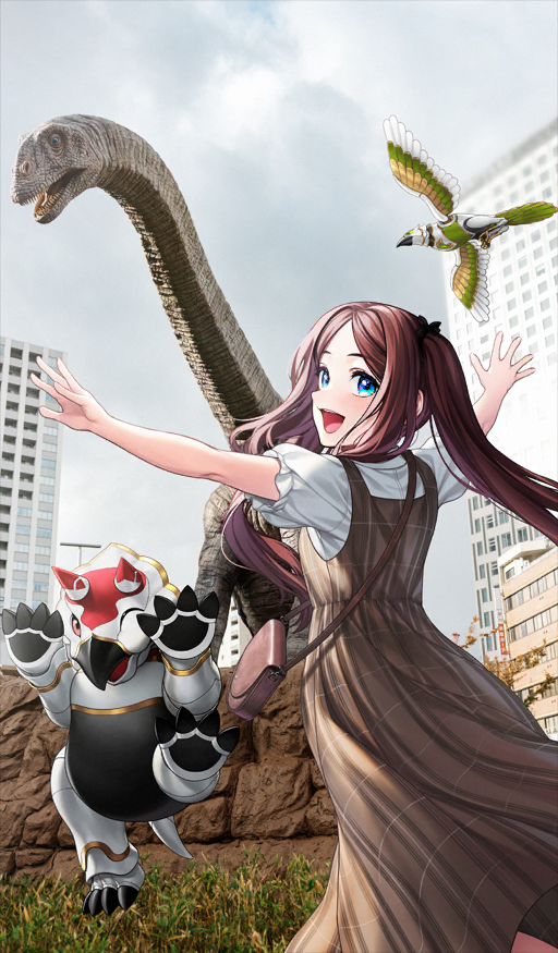 simosi, leonardo da vinci (fate), leonardo da vinci (fate/grand order), leonardo da vinci (rider) (fate), fate/grand order, fate (series), commentary request, game cg, official art, third-party source, 1girl, :d, arms up, blue eyes, breasts, brown dress, brown hair, cloud, cloudy sky, cowboy shot, dinosaur, dress, from behind, long hair, looking at viewer, medium dress, non-humanoid robot, open mouth, outdoors, outstretched arms, parted bangs, photo background, pinafore dress, robot, robot animal, robot bird, shirt, short sleeves, sidelocks, sky, sleeveless, sleeveless dress, small breasts, smile, solo, triceratops, twintails, white shirt