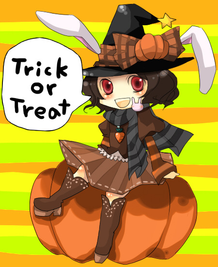 chiri (ayame), inaba tewi, touhou, bad id, bad pixiv id, 1girl, animal ears, black hair, ears through headwear, female focus, food-themed hair ornament, hair ornament, halloween, hat, pumpkin, pumpkin hair ornament, rabbit ears, red eyes, scarf, solo, trick or treat, witch hat
