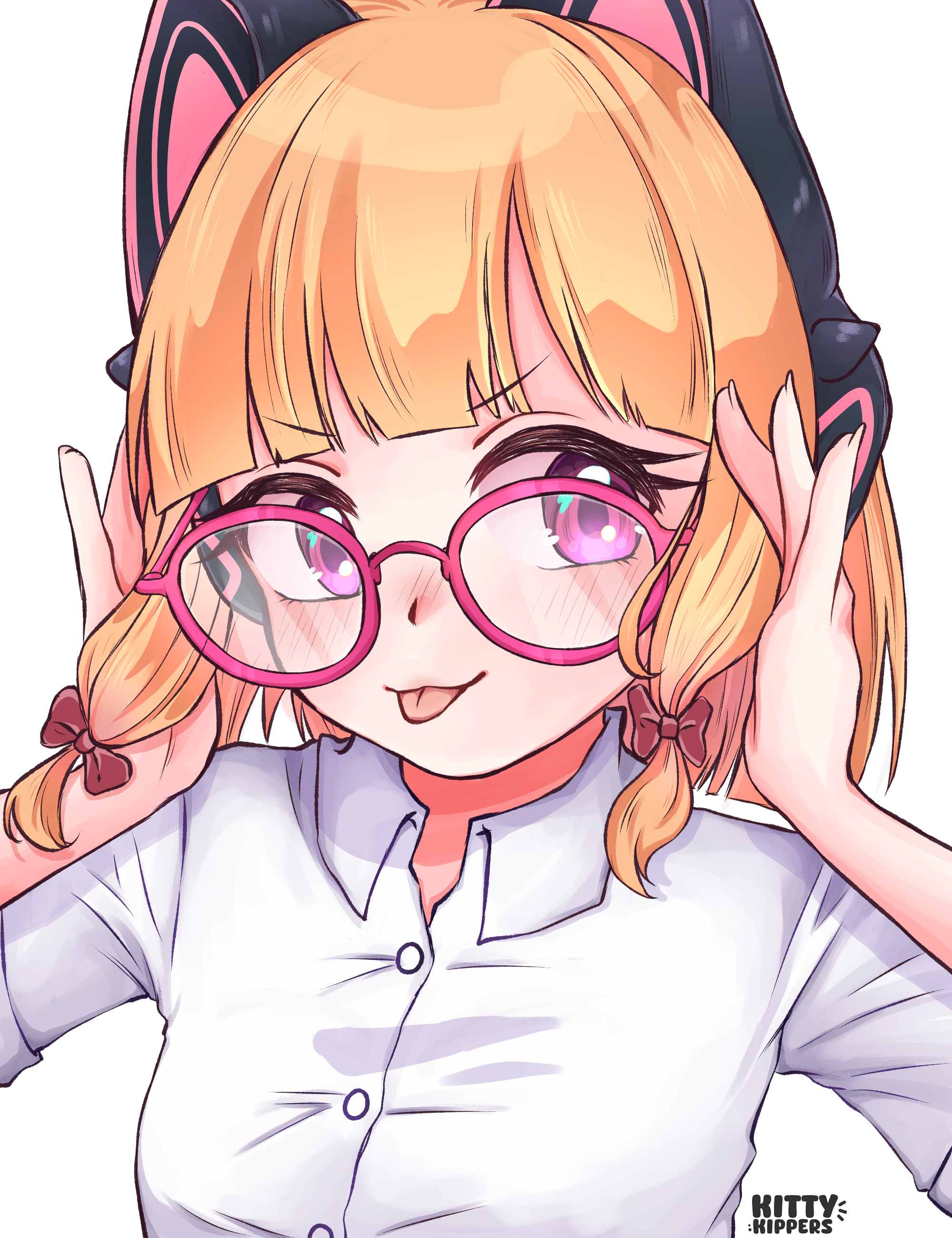 momoi (blue archive), blue archive, absurdres, highres, 1girl, blonde hair, glasses, kittenkippers, round eyewear, tongue, tongue out
