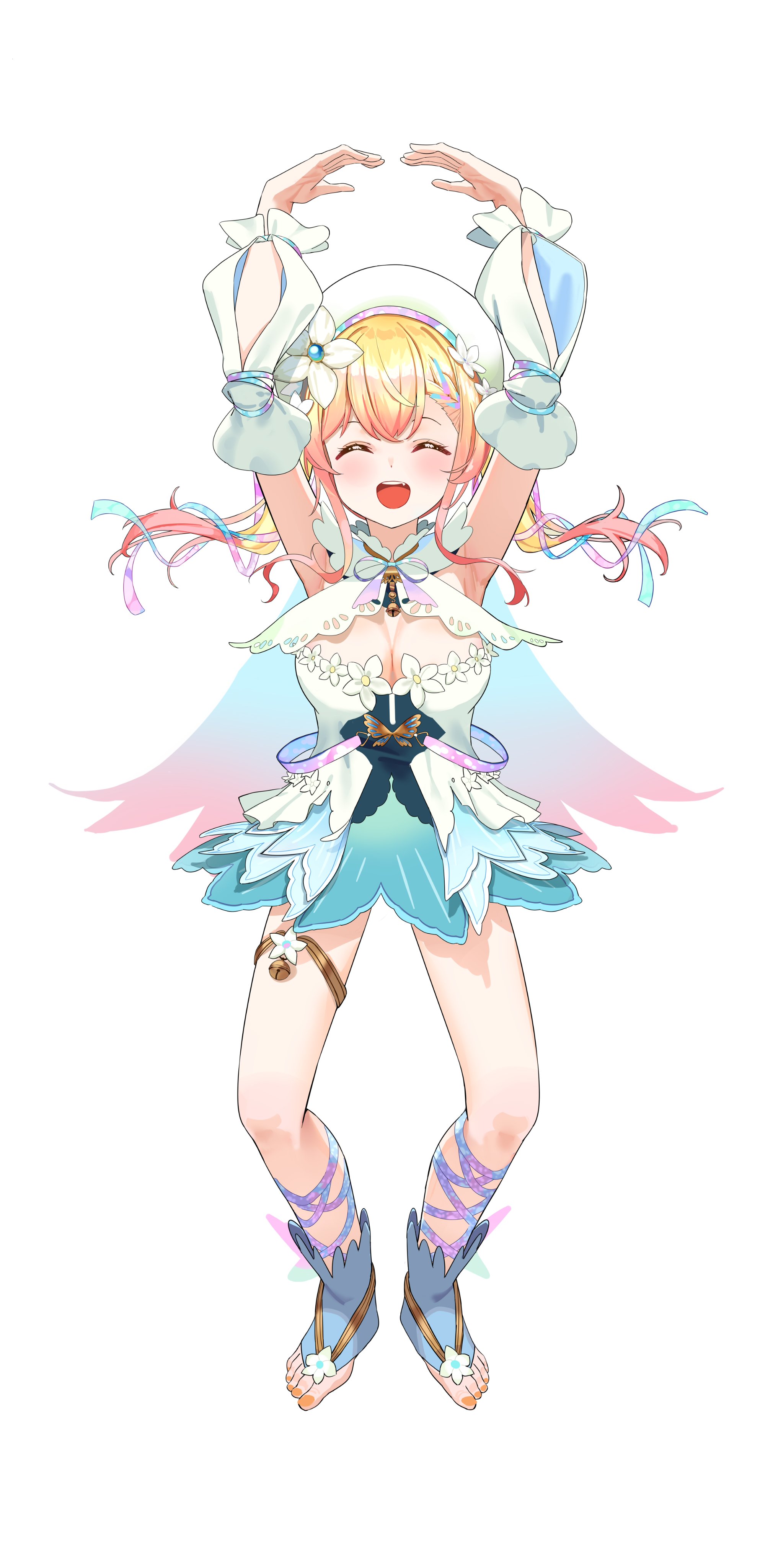 soredmaru, momosuzu nene, momosuzu nene (nene rhythm), hololive, absurdres, commentary request, highres, 1girl, :d, ^ ^, aqua dress, arm cutout, arms up, bell, beret, blonde hair, breasts, cleavage, cleavage cutout, closed eyes, clothing cutout, detached sleeves, dress, dress flower, facing viewer, floating hair, flower, full body, gradient hair, hair flower, hair ornament, hat, jewelry, jingle bell, large breasts, multicolored hair, nail polish, official alternate costume, official alternate hairstyle, open mouth, orange nails, pink hair, short dress, smile, solo, teeth, thighlet, toeless legwear, toenail polish, toenails, twintails, upper teeth only, virtual youtuber, white background, white dress, white flower, white hat