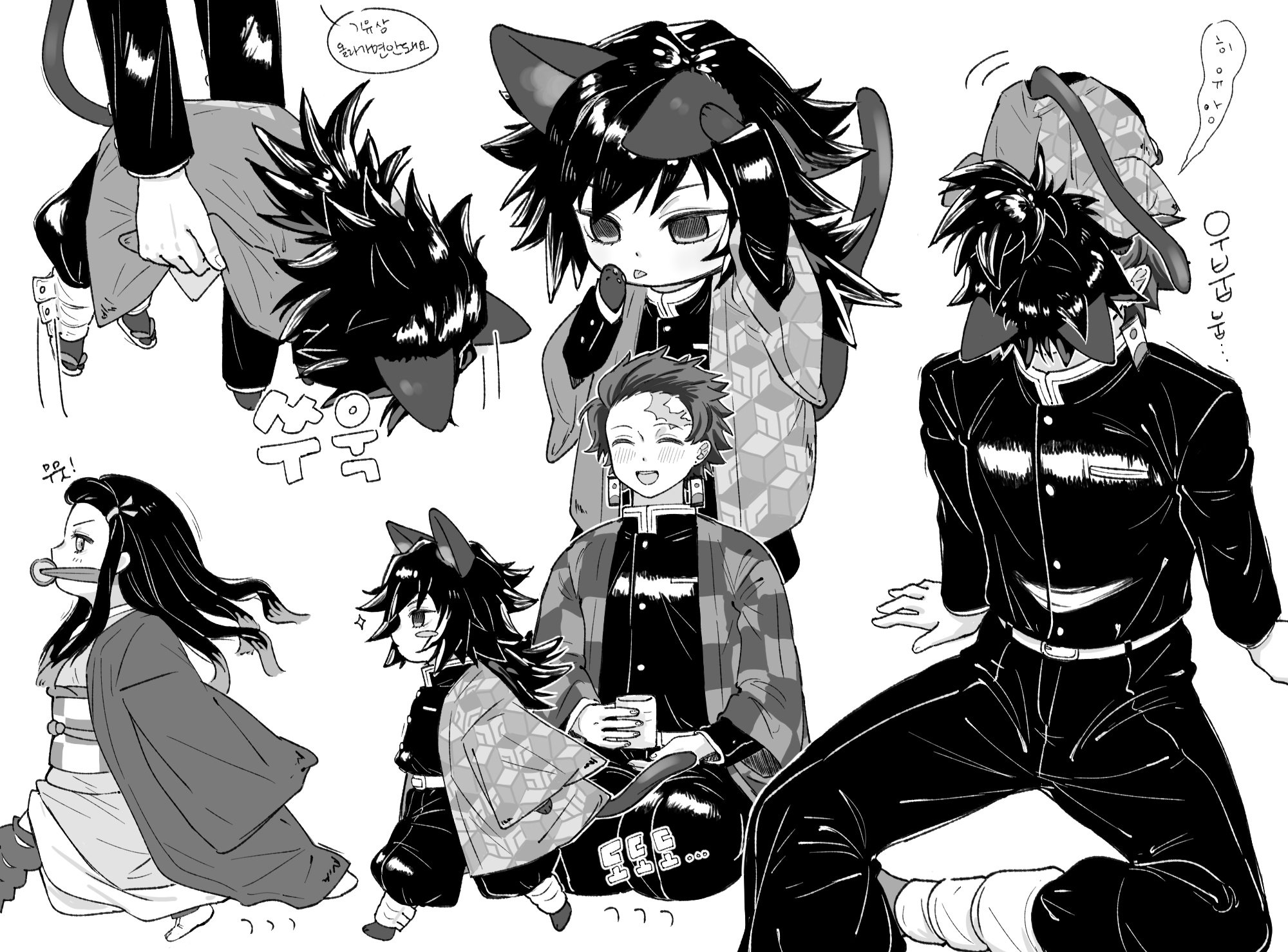 kamado nezuko, kamado tanjirou, tomioka giyuu, kimetsu no yaiba, highres, translation request, 1girl, 2boys, animal ears, black hair, black jacket, black pants, cat boy, cat ears, cat tail, chibi, demon slayer uniform, earrings, full body, greyscale, hanafuda earrings, haori, high collar, jacket, japanese clothes, jewelry, kikkoumon, low ponytail, monochrome, multiple boys, multiple views, nem yamm, pants, ponytail, print haori, simple background, sitting, speech bubble, spiked hair, tail, white background