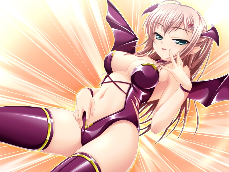 sea chicken, sara (3-jigen shoujo), 3-jigen shoujo o hogoshimashita, heat-soft, ahoge, black thighhighs, blush, bracelet, breasts, brown hair, cleavage, demon girl, demon wings, hair ornament, hairclip, head wings, heart, heart hair ornament, jewelry, long hair, looking at viewer, medium breasts, naughty face, navel, open mouth, orange background, pointy ears, smile, sunburst, sunburst background, thighhighs, twintails, wings