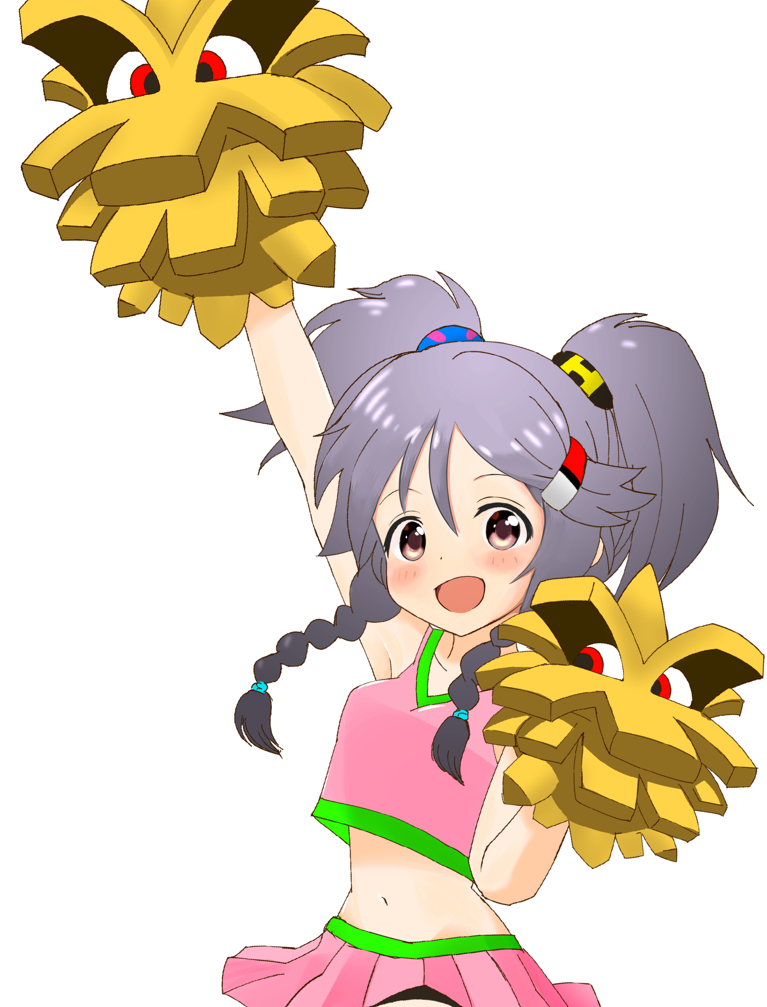 karino karino, miyoshi sana, pineco, idolmaster, idolmaster cinderella girls, nintendo, pokemon, absurdres, commentary request, highres, alternate color, arm up, blush, braid, brown eyes, cheerleader, gen 2 pokemon, grey hair, hair ornament, hairclip, midriff, navel, open mouth, pink shirt, pink skirt, red eyes, shiny pokemon, shirt, simple background, skirt, sleeveless, sleeveless shirt, smile, twin braids, twintails, white background